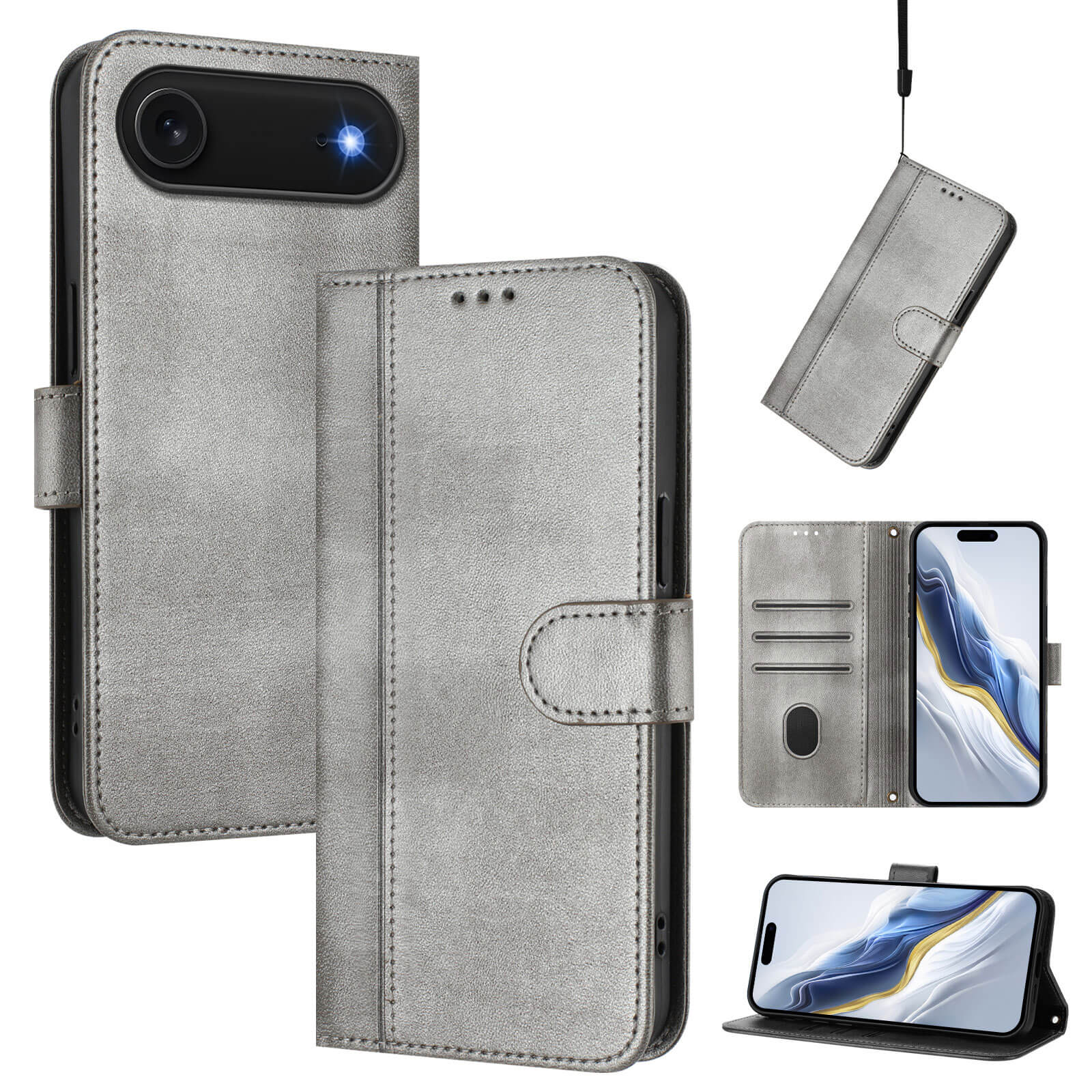 Cover-Discount iPhone 17 Air - Retro Look Etui im Vintage Design, graues Leder Wallet Case, mit Kartenfächern, Standfunktion und Lanyard-Befestigung. Gezeigt offen und geschlossen - stilvoller Schutz für dein Handy.
