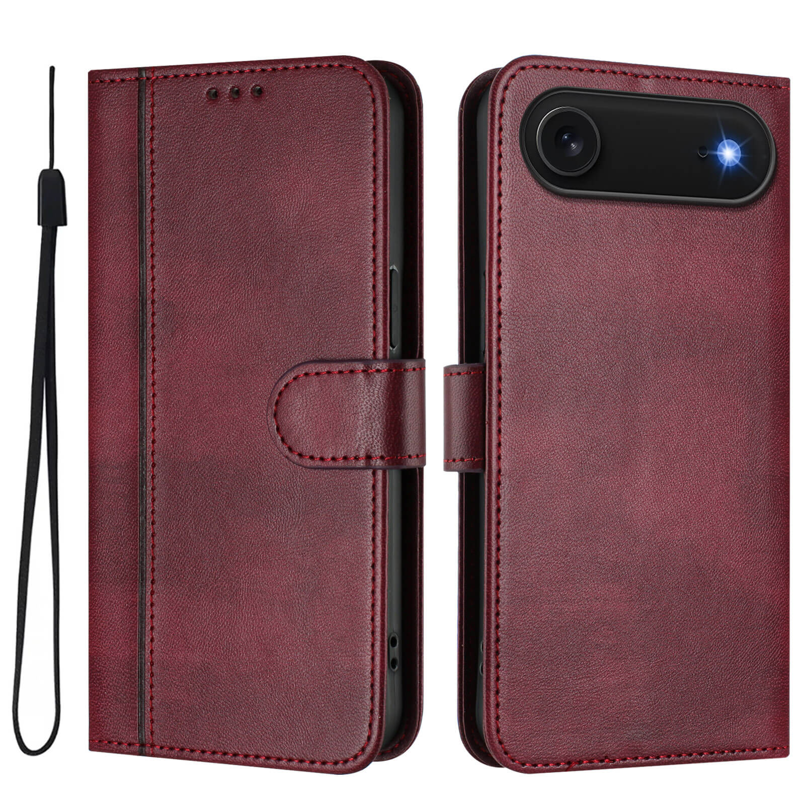 Das Cover-Discount iPhone 17 Air - Retro Look Etui im Vintage Design in Maroon hat ein praktisches Trageband, Kartenfächer und zeigt sichtbar Kameraobjektiv und Blitz; offen und geschlossen abgebildet.