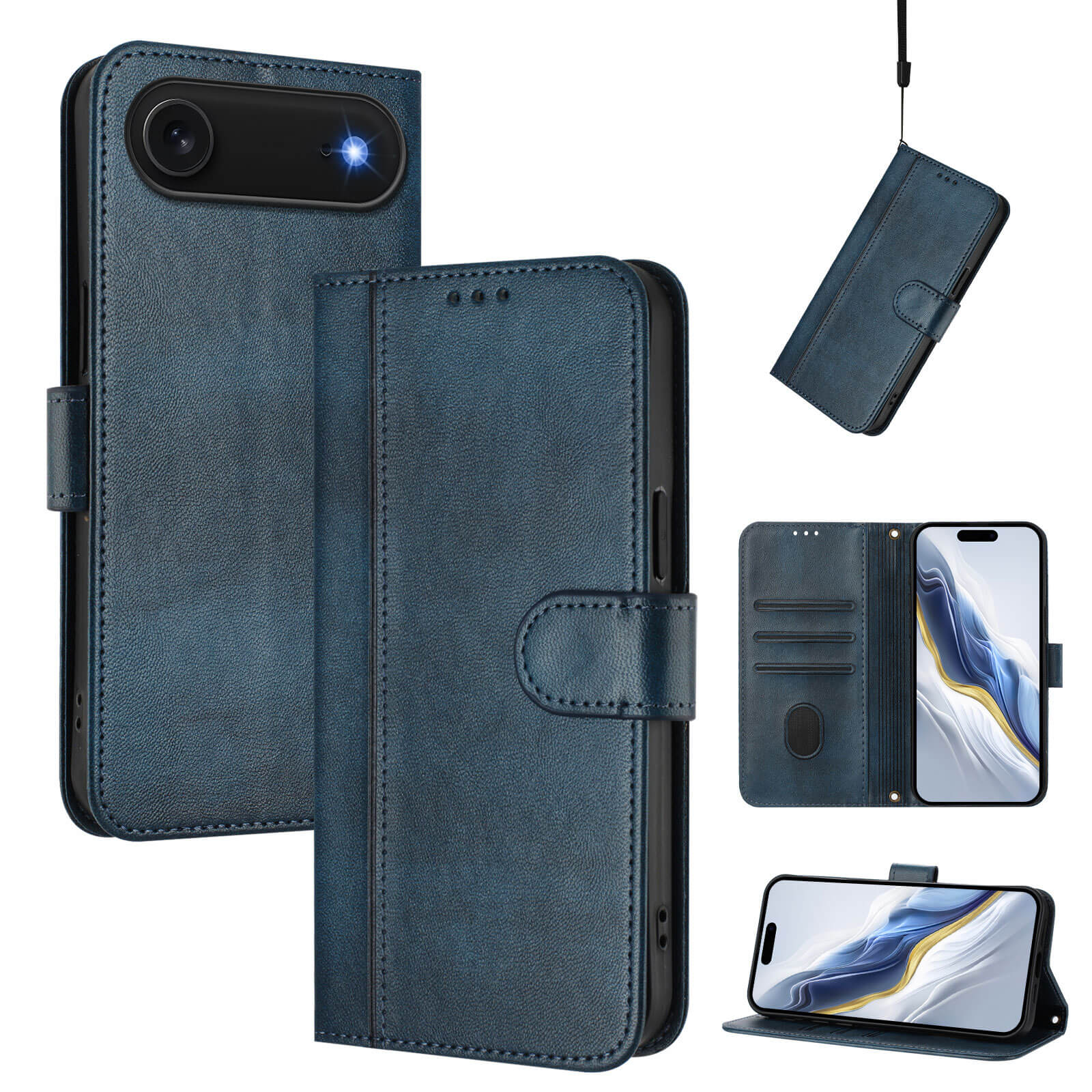 Die Cover-Discount iPhone 17 Air - Retro Look Etui im Vintage Design wird offen, geschlossen und im Standmodus gezeigt, mit Kartenfächern und magnetischem Verschluss.