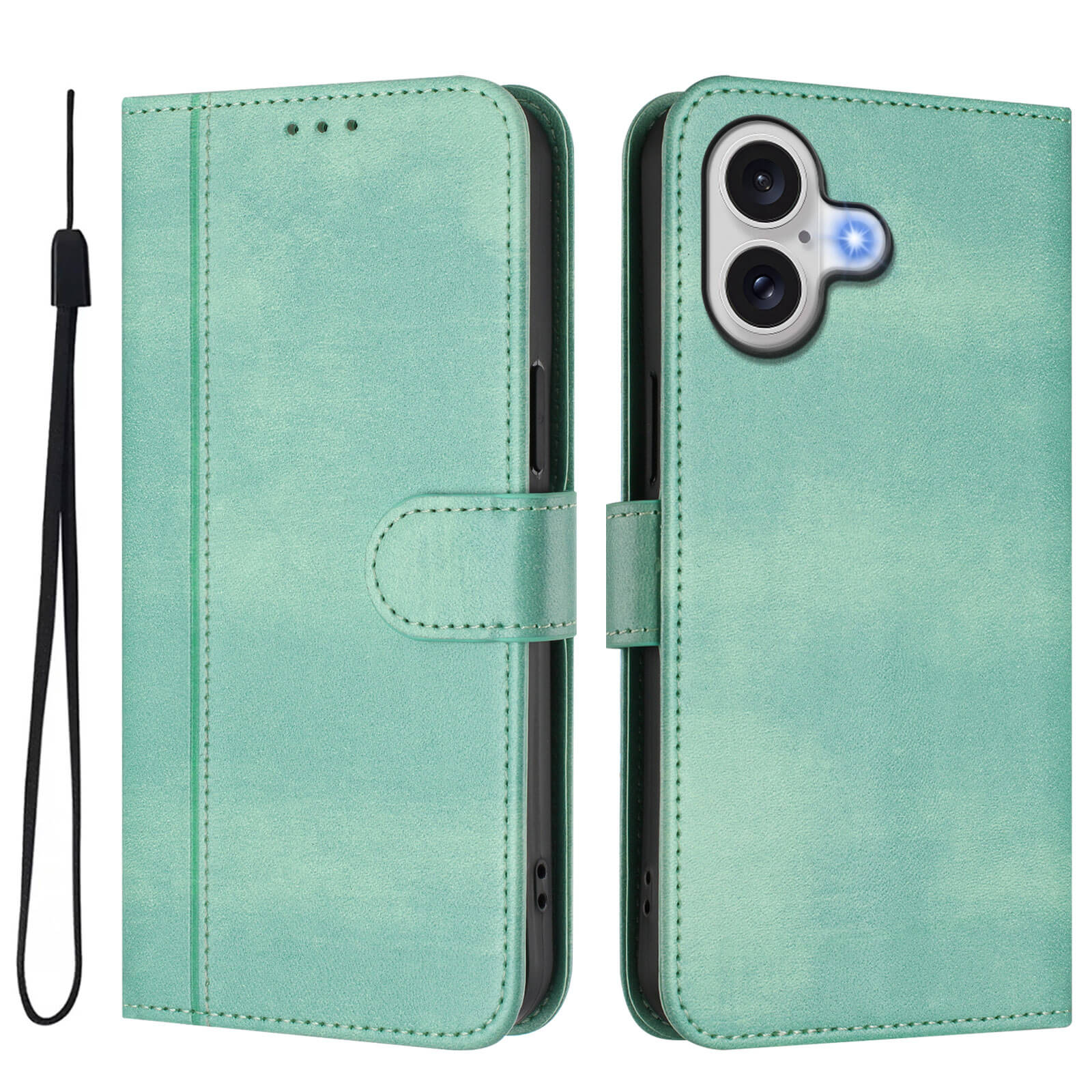 #farbe_hellgrün|Das Cover-Discount iPhone 17 - Retro Look Etui im Vintage Design in Mintgrün bietet Kartenfächer, magnetischen Verschluss und Handgelenkriemen; abgebildet offen und geschlossen.