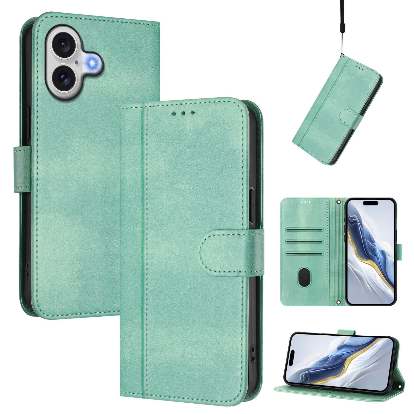 #farbe_hellgrün|Cover-Discount iPhone 17 - Retro Look Etui im Vintage Design in hellgrün, gezeigt geschlossen, offen und als Ständer, mit praktischen Kartenfächern innen.