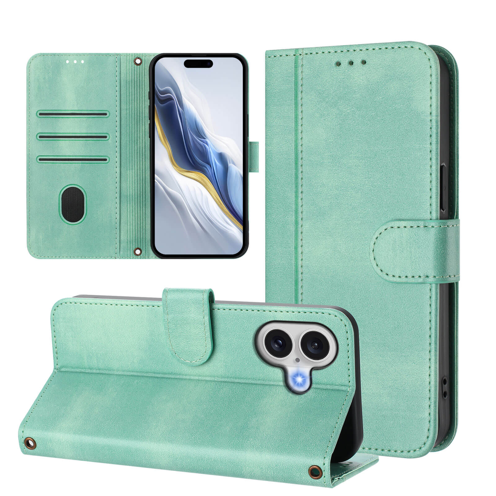 Das iPhone 17 - Retro Look Etui im Vintage Design von Cover-Discount bietet mintgrünes Vintage-Flair, Kartenfächer, Magnetverschluss und Standfunktion - stilvoller Schutz und Funktionalität für den Alltag.