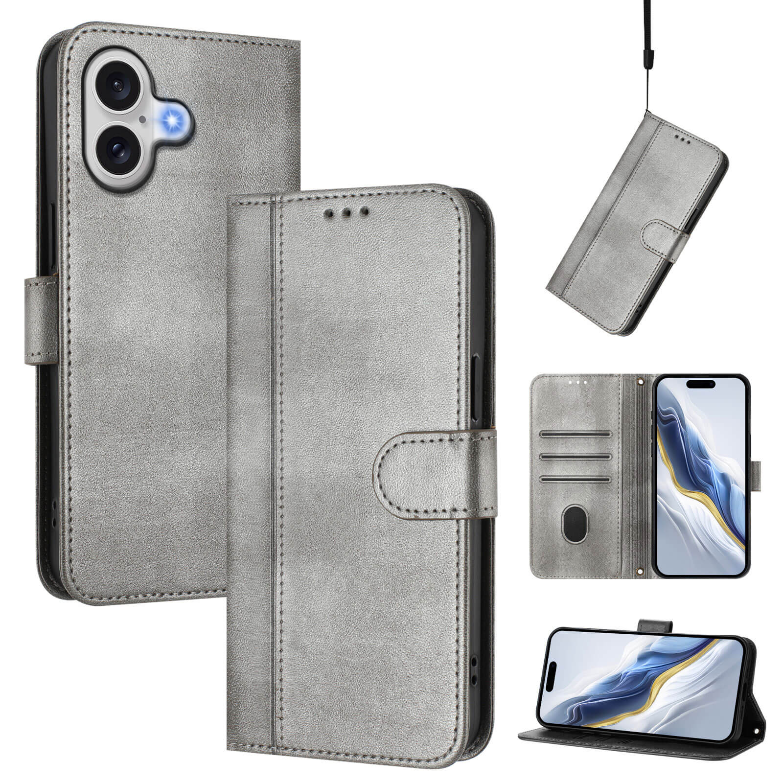Das Cover-Discount iPhone 17 - Retro Look Etui im Vintage Design bietet graues Leder, Kartenfächer, einen Ständer und eine Handschlaufe. Diese stilvolle Tasche bietet praktische Organisation und Schutz für Ihr iPhone 17.