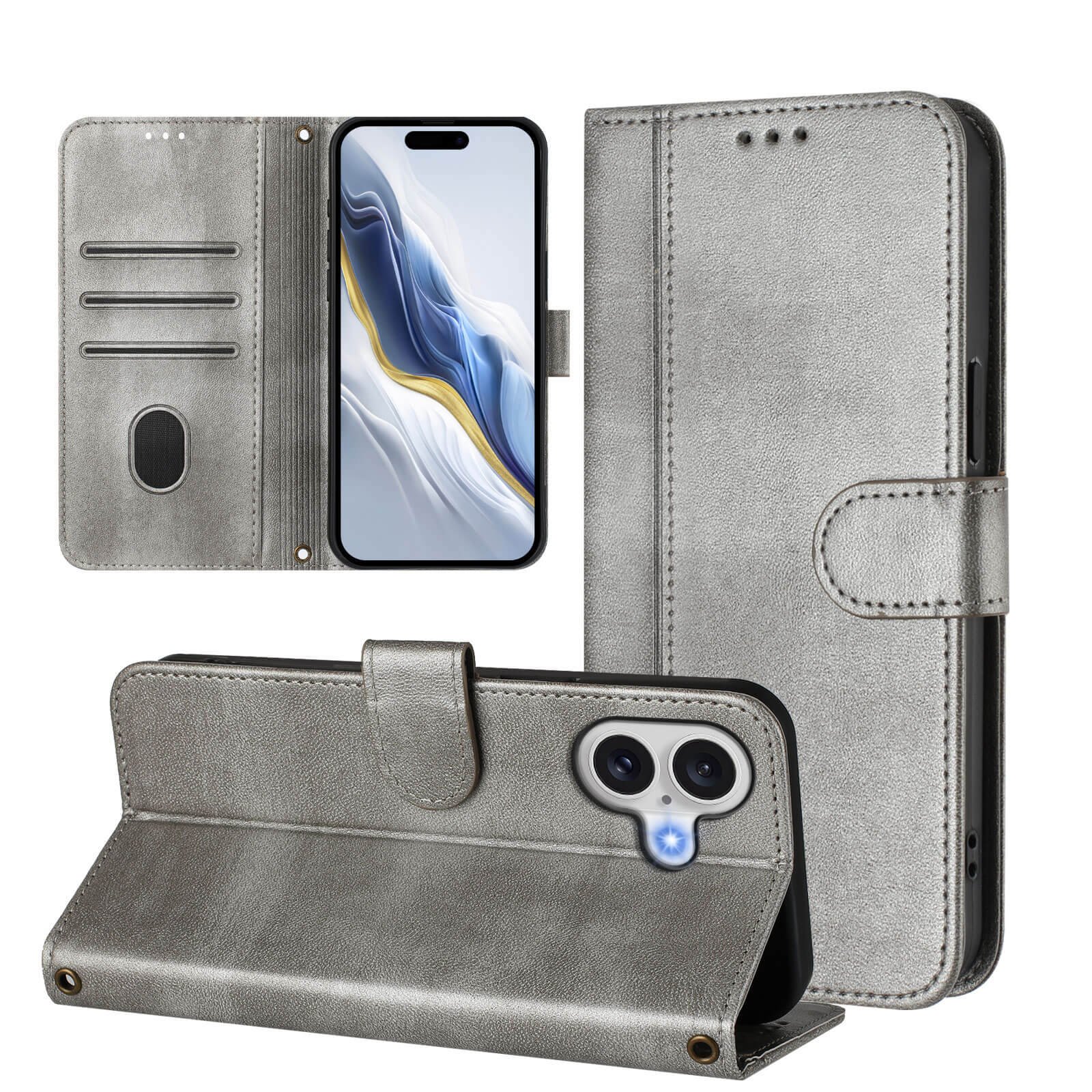 Das Cover-Discount iPhone 17 - Retro Look Etui im Vintage Design bietet Kartenfächer und Standfunktion, hier geöffnet mit eingesetztem Smartphone gezeigt.