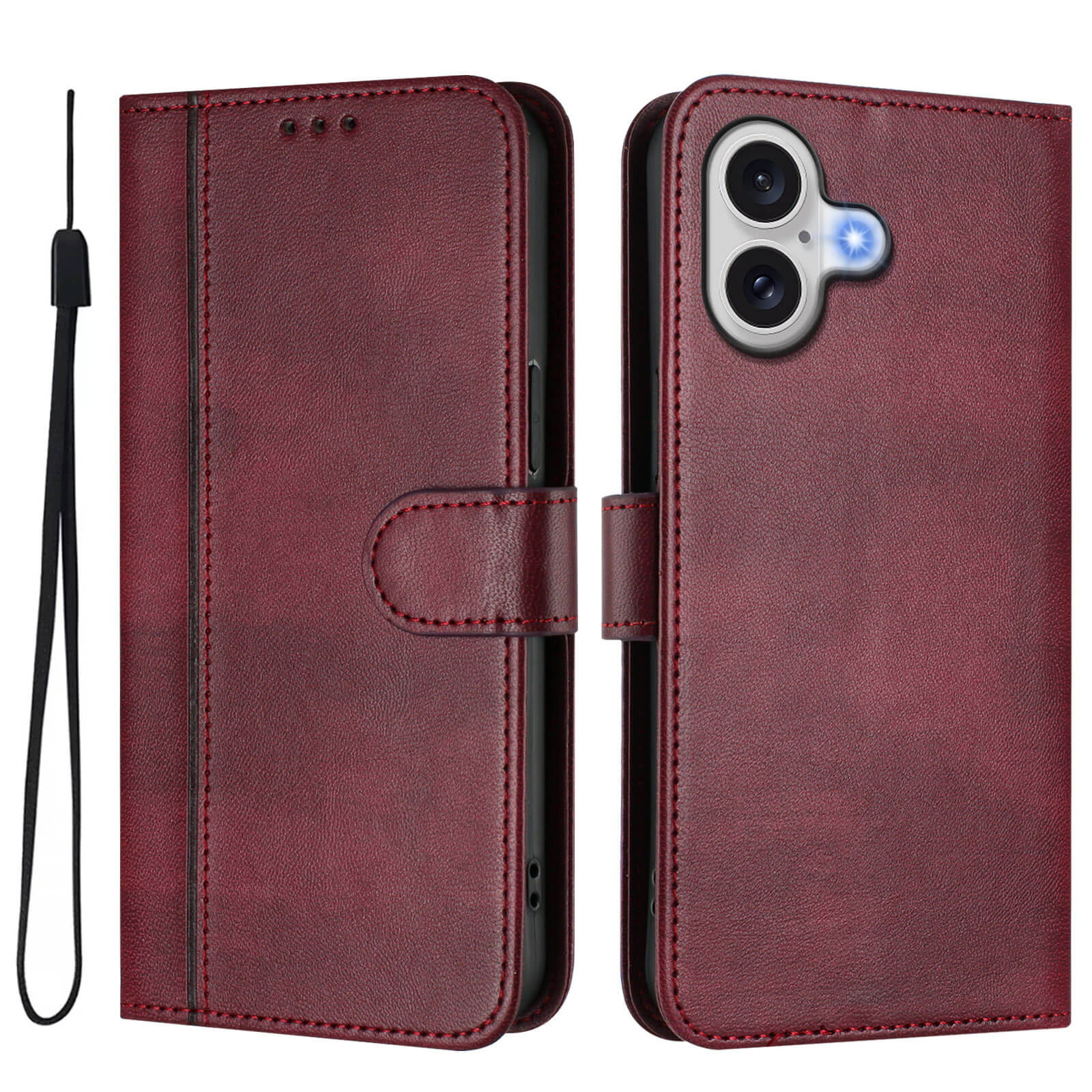 Cover-Discount iPhone 17 - Retro Look Etui im Vintage Design aus kastanienbraunem Leder mit Magnetverschluss, Handgelenkschlaufe und Kartenfächern; abgebildet mit Vorder- und Rückansicht.