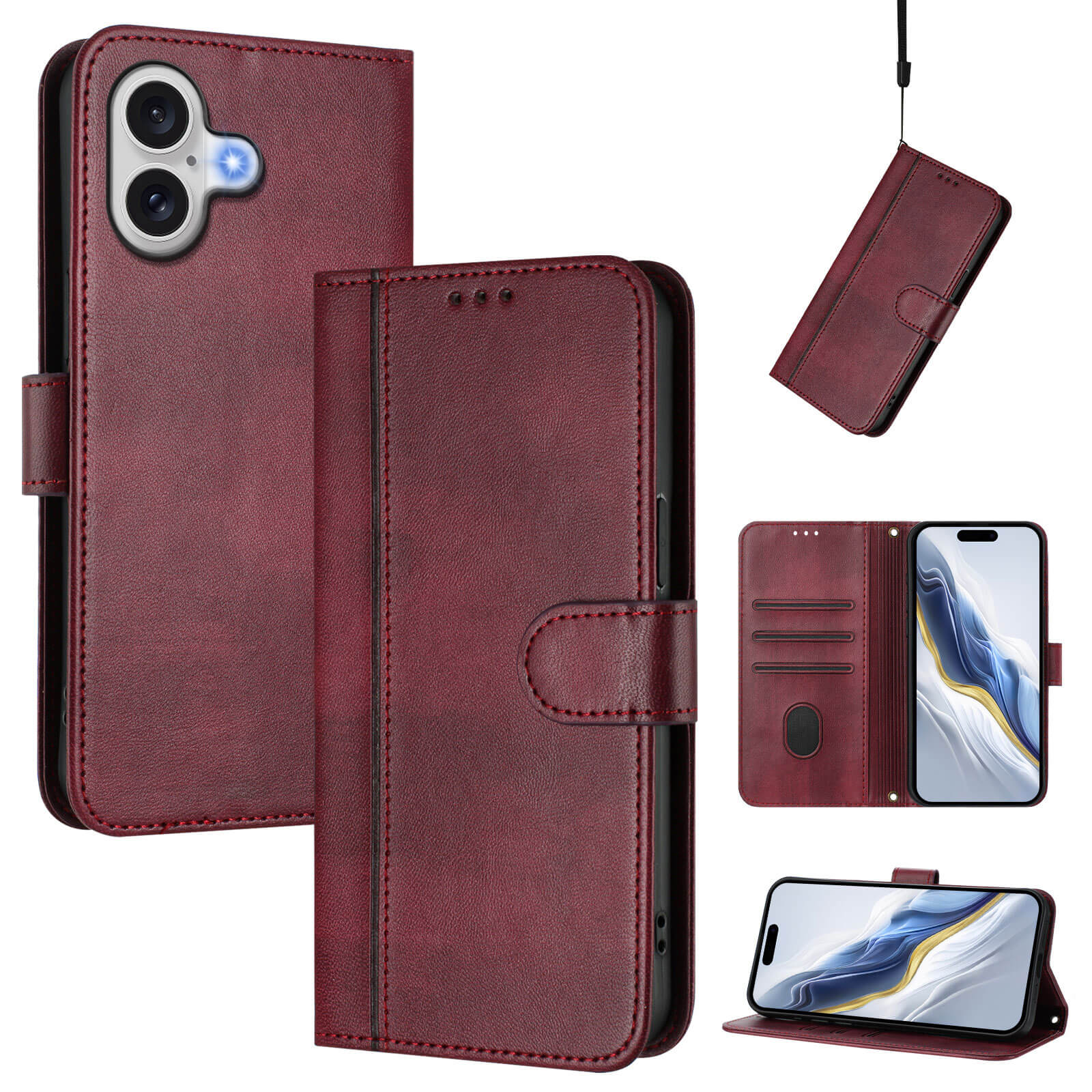 Das Cover-Discount iPhone 17 - Retro Look Etui im Vintage Design bietet Kartenfächer, Magnetverschluss und Standfunktion und wird aus verschiedenen Perspektiven präsentiert.