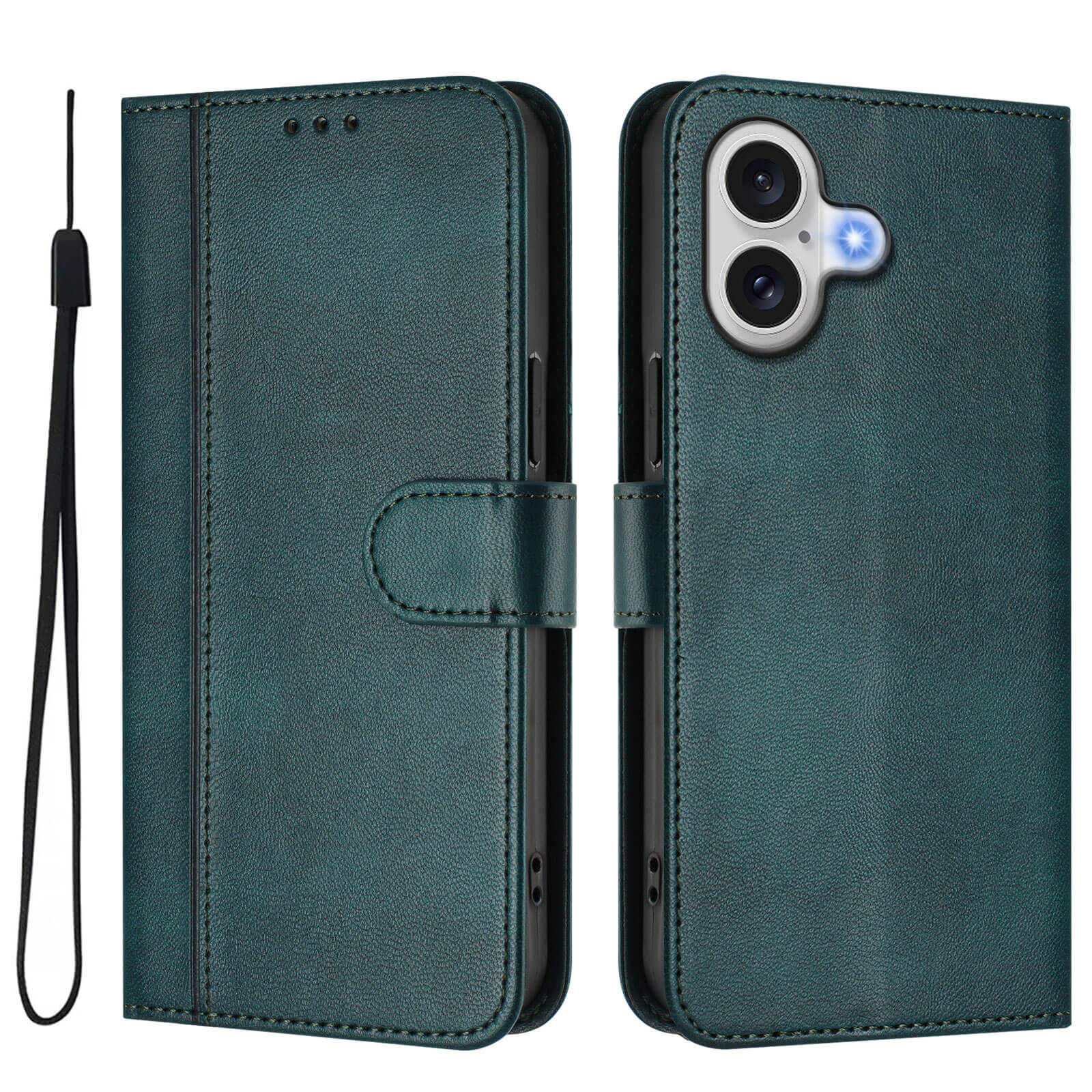 Cover-Discount iPhone 17 - Retro Look Etui im Vintage Design: Tealfarbene Ledertasche im Vintage-Stil, Handgelenkschlaufe, Kartenfächer und Magnetverschluss. Abgebildet offen/geschlossen, um den Zugriff auf die Kamera hervorzuheben.