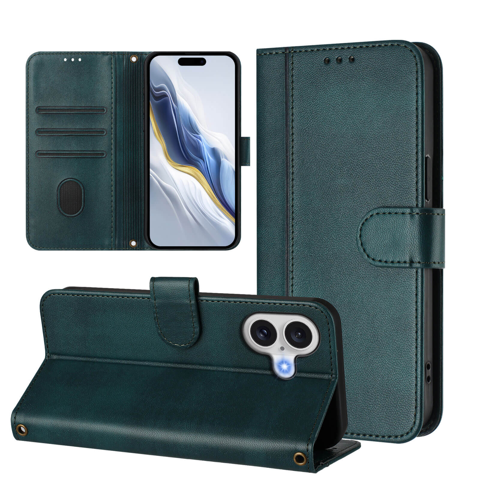 Cover-Discount iPhone 17 - Retro Look Etui im Vintage Design: Petrolfarbene Ledertasche im Vintage-Look mit Kartenfächern, Magnetverschluss und Standfunktion.