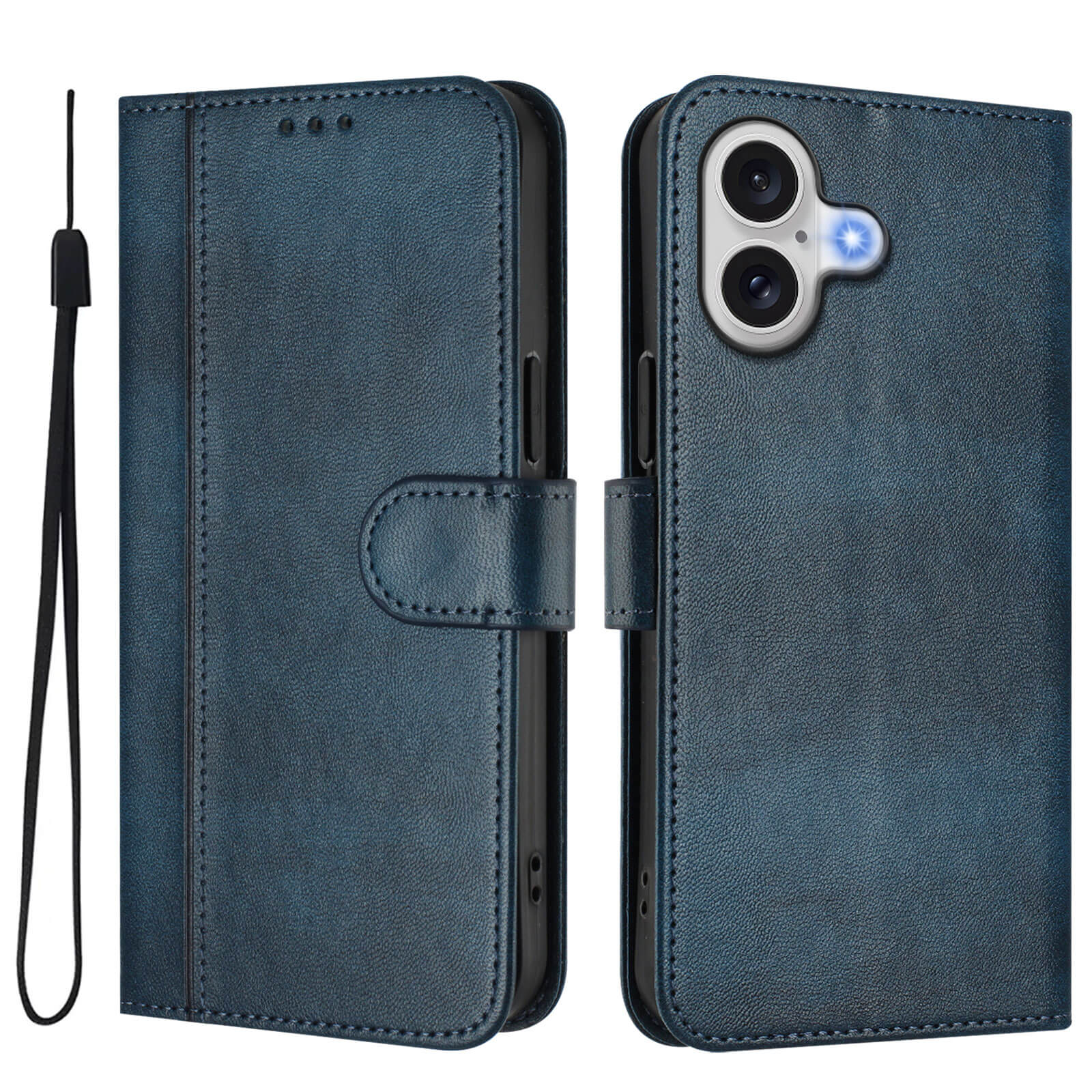 Das Cover-Discount iPhone 17 - Retro Look Etui im Vintage Design ist eine blaue Lederhülle mit Handgelenkschlaufe, Kameraausschnitten und Kartenfächern und bietet klassischen Stil und modernen Komfort. Abgebildet offen und geschlossen.