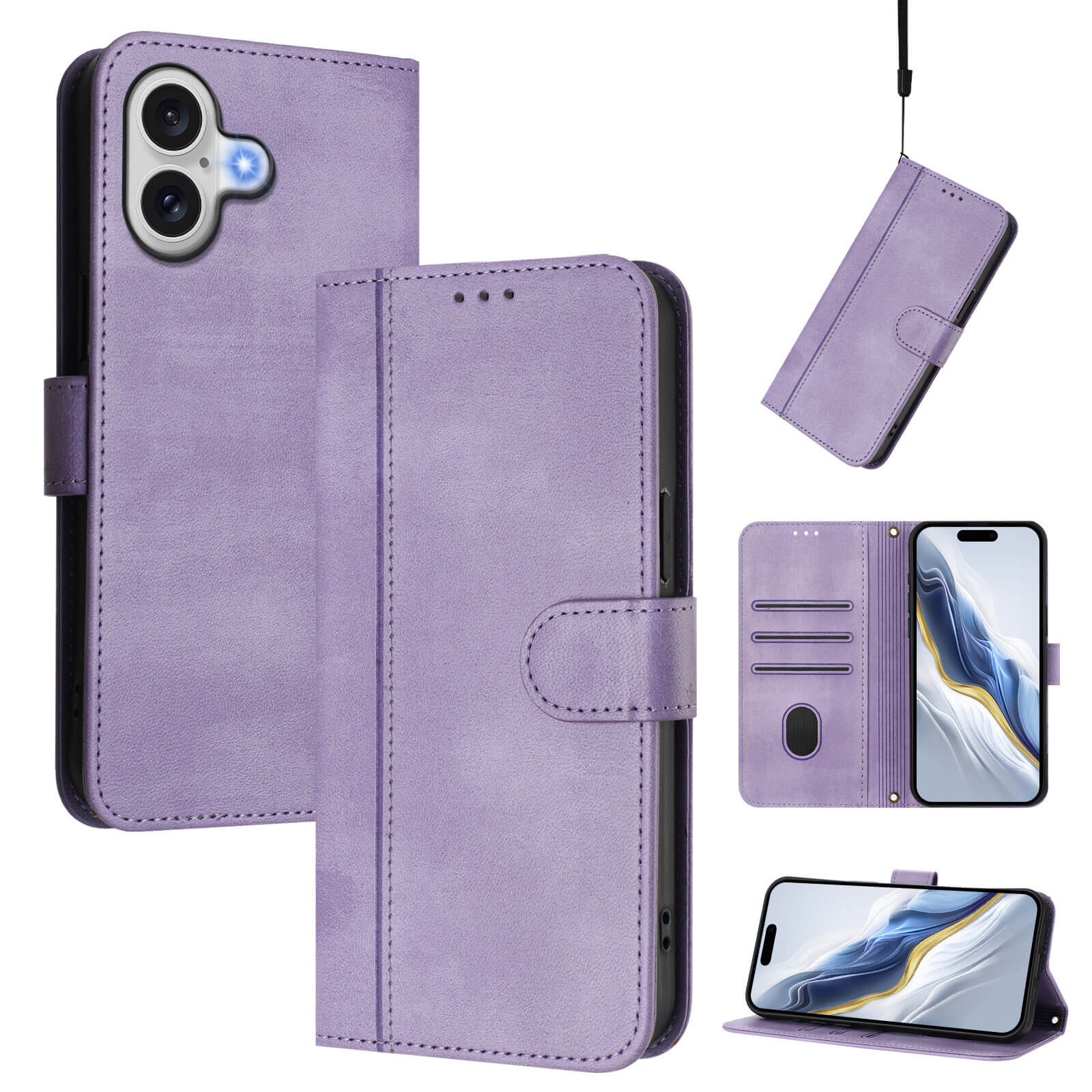 Das Cover-Discount iPhone 17 - Retro Look Etui im Vintage Design überzeugt mit Kartenfächern, Standfunktion und Magnetverschluss - stilvoller Schutz in Lavendel, vielseitig präsentiert.
