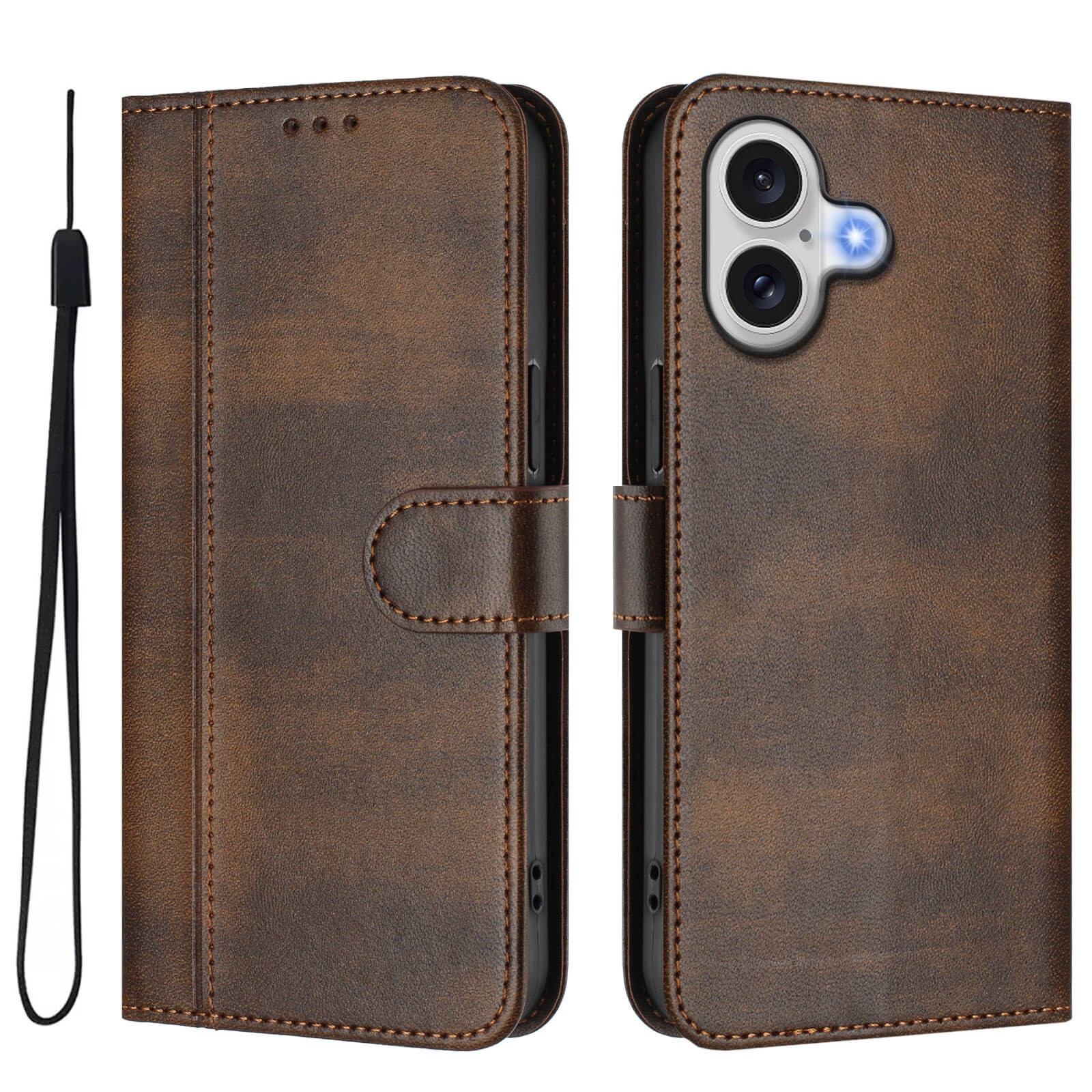 Das Cover-Discount iPhone 17 - Retro Look Etui im Vintage Design zeichnet sich durch braunes Leder, Magnetverschluss, Handschlaufe und praktische Kartenfächer aus, hier aus der Vorder- und Rückansicht.