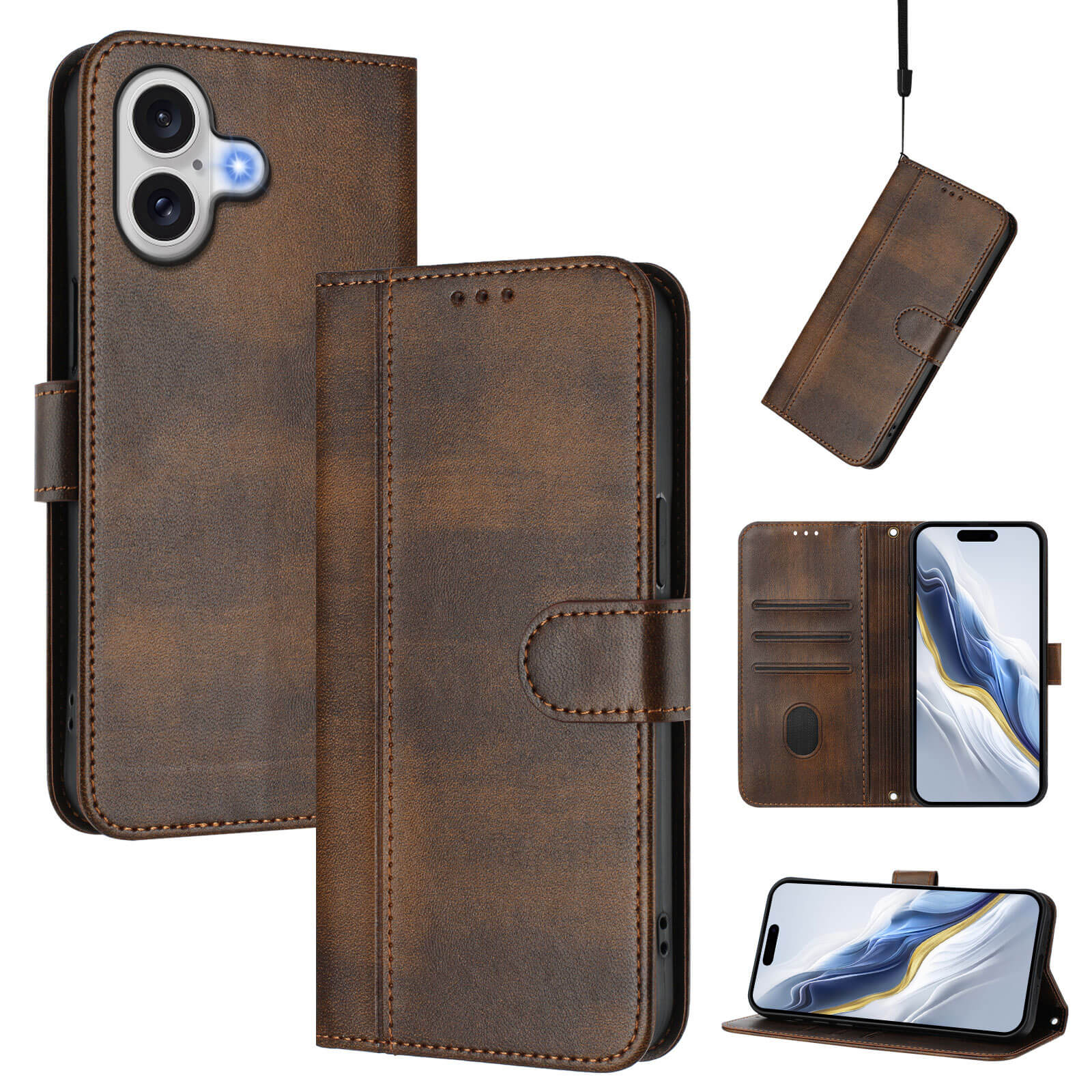 Cover-Discount iPhone 17 - Retro Look Etui im Vintage Design mit Kartenfächern, Standfunktion und Magnetverschluss, aus verschiedenen Blickwinkeln dargestellt.