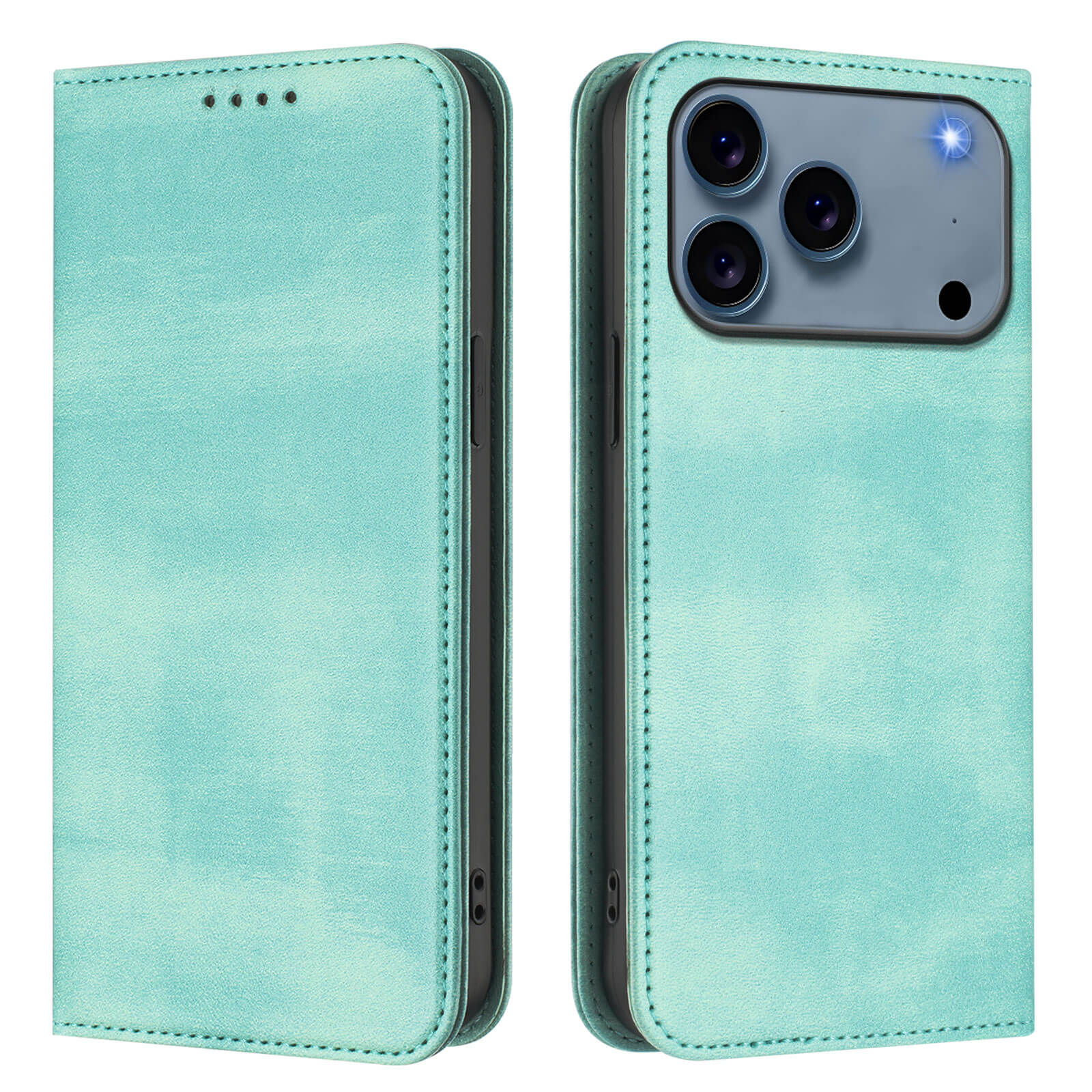 Cover-Discount iPhone 17 Pro - Vintage Flip Case in mintgrün. Abgebildet in geöffnetem und geschlossenem Zustand mit Telefon im Inneren und eingeschaltetem Kamerablitz; mit RFID-Schutz für zusätzliche Sicherheit.