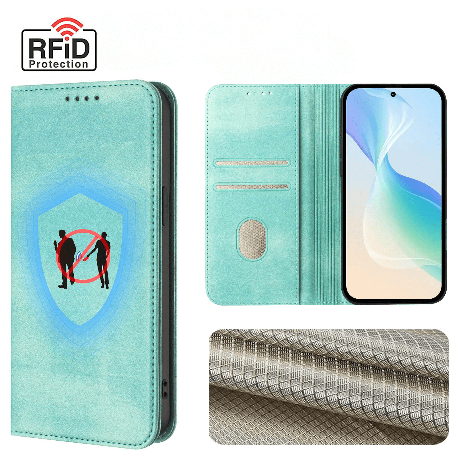 Cover-Discount iPhone 17 Pro - Vintage Flip Case in teal bietet RFID-Schutz, Kartenfächer und eine Sicherheitsgrafik auf der Vorderseite.