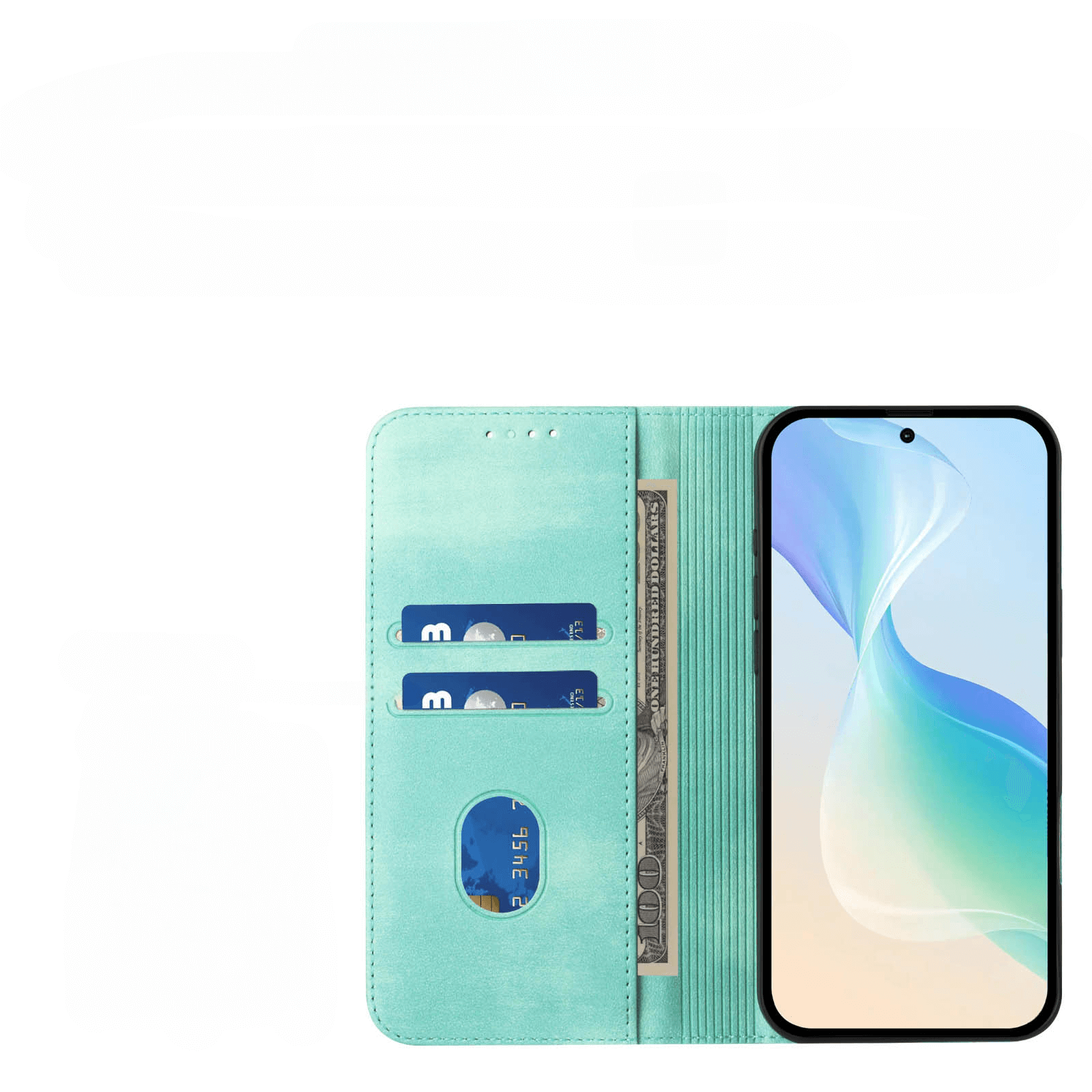 Das Cover-Discount iPhone 17 Pro - Vintage Flip Case ist ein mintgrünes Portemonnaie mit RFID-Schutz, passend für Ihr iPhone 17 Pro, bietet Platz für zwei Karten und Bargeld und schützt den farbigen Bildschirm Ihres Telefons.