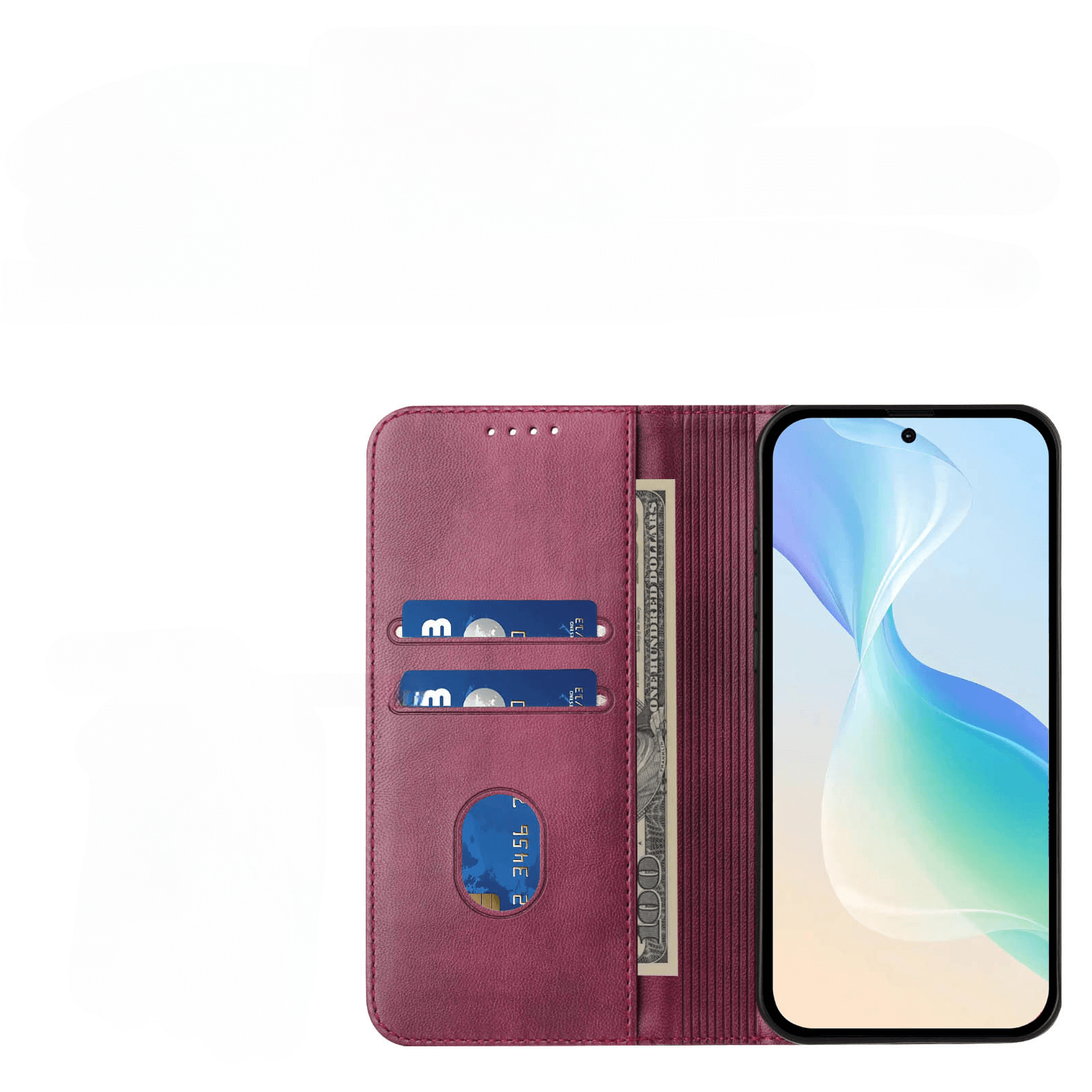 Das Cover-Discount iPhone 17 Pro - Vintage Flip Case in kastanienbraun verfügt über einen RFID-Schutz und bietet sicheren Halt für Karten, Bargeld und Ihr Gerät, das vor einem schlichten weißen Hintergrund präsentiert wird.