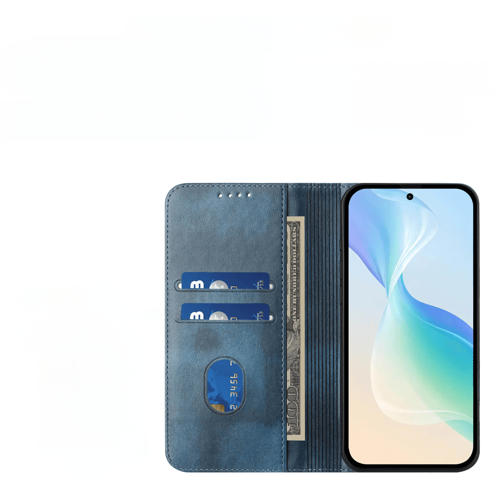 Das Cover-Discount iPhone 17 Pro - Vintage Flip Case in Blau, mit RFID-Schutz, bietet Platz für ein Smartphone, Bargeld und drei Karten - ideal zum Schutz Ihres Geräts. Abgebildet offen vor weißem Hintergrund.