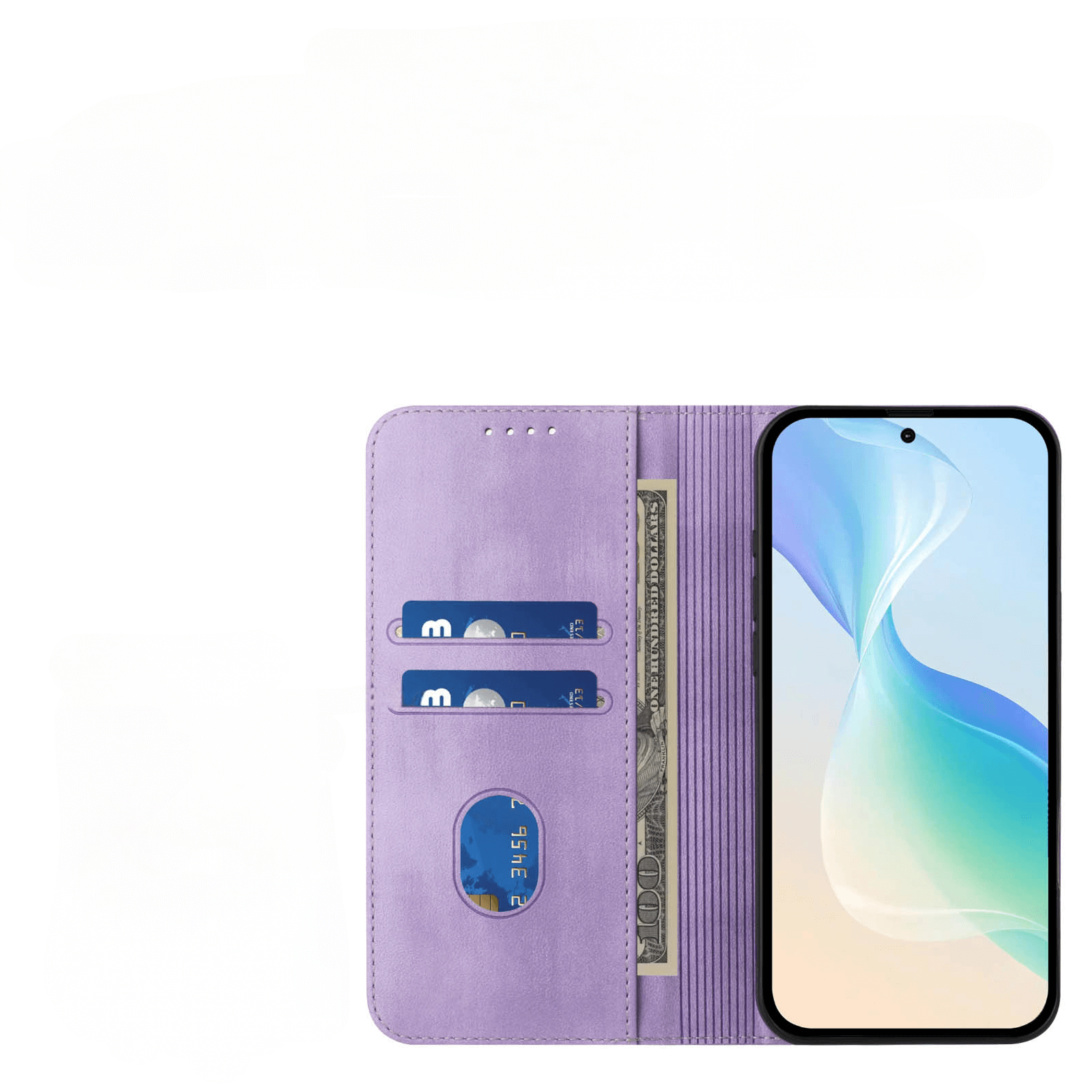 Das lavendelfarbene Cover-Discount iPhone 17 Pro - Vintage Flip Case bietet RFID-Schutz und Platz für Karten und Bargeld, während es gleichzeitig Ihr farbiges Smartphone-Display anzeigt.