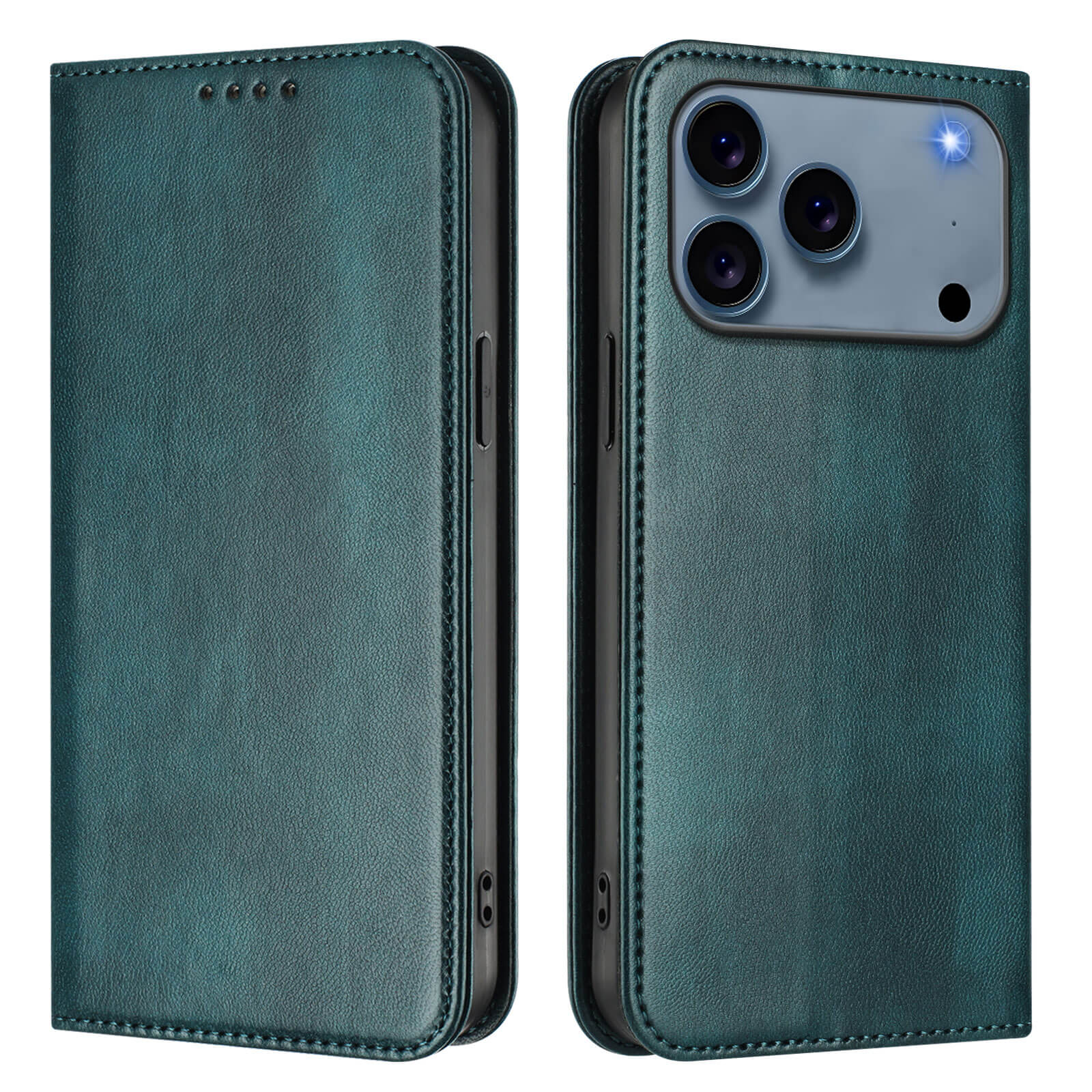 Das Cover-Discount iPhone 17 Pro - Vintage Flip Case in grünem Leder wird geschlossen und geöffnet gezeigt, wobei die Kamera, die Abdeckungsdetails und der RFID-Schutz hervorgehoben werden. Diese Tasche verbindet Vintage-Stil mit moderner Sicherheit.