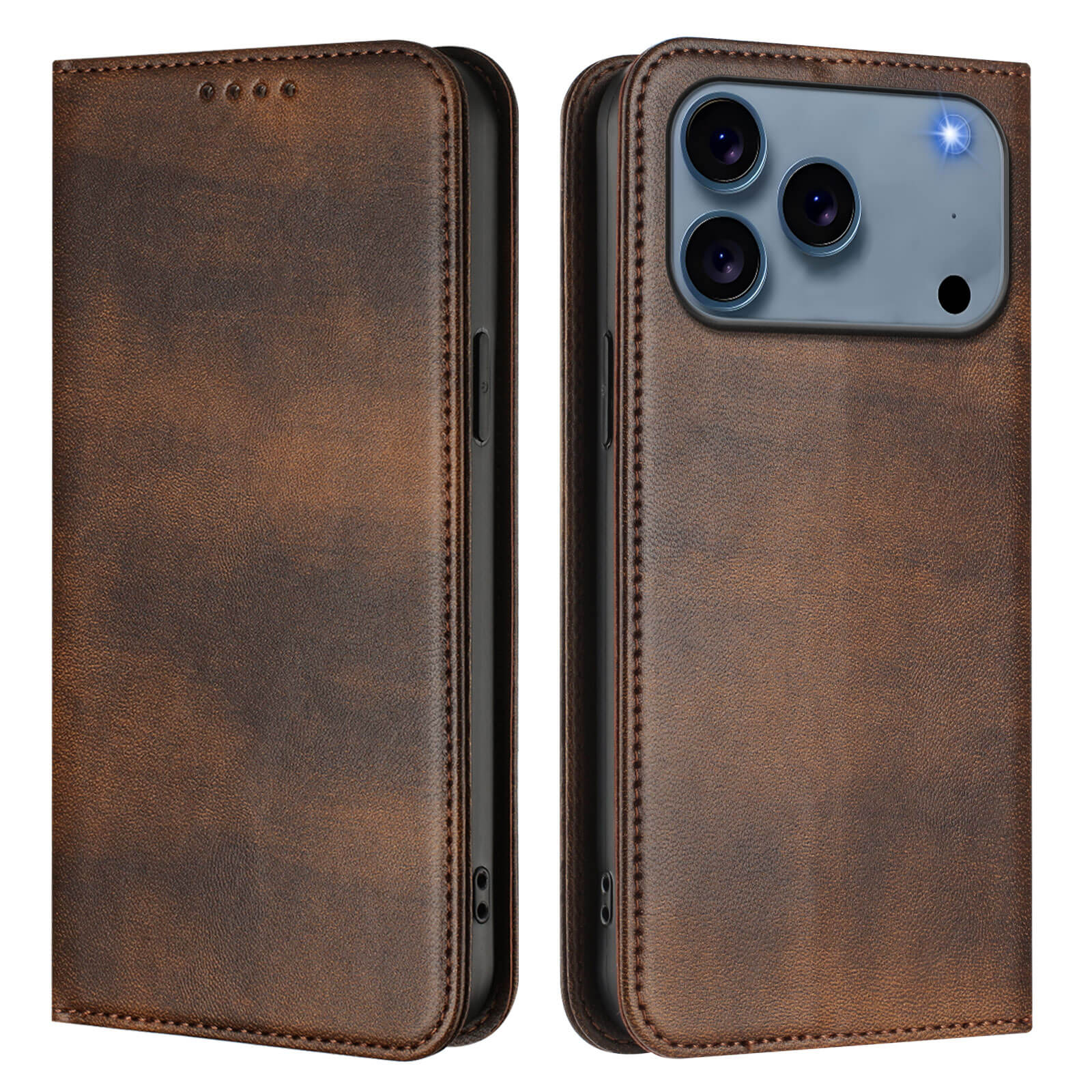 Das Cover-Discount iPhone 17 Pro - Vintage Flip Case in braunem Leder ist geschlossen (Vorderseite) und von hinten mit sichtbarer Kamera abgebildet. Inklusive eingebautem RFID-Schutz für Kartenschutz gegen elektronischen Diebstahl.