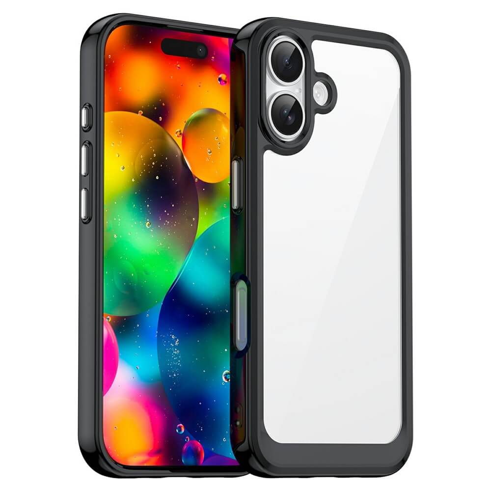 #farbe_schwarz|Cover-Discount iPhone 17 Schutzhülle: Klare, kratzfeste Acryl-Handyhülle mit schwarzem Rand und erhöhtem Schutz, präsentiert auf einem Smartphone mit bunter, abstrakter Bubble-Tapete.