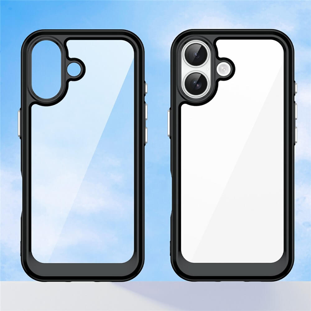Zwei kratzfeste, transparente "iPhone 17 - Schützende Acryl-Handyhülle mit erhöhtem Rand" von Cover-Discount mit schwarzen Rändern werden vor blauem Himmel präsentiert.