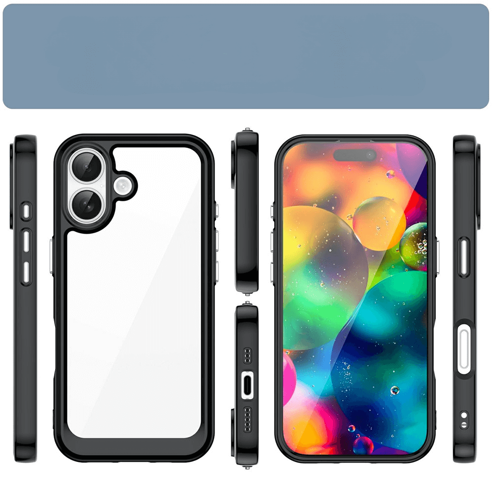 #farbe_schwarz|Die Cover-Discount iPhone 17 Schutzhülle aus Acryl mit kratzfesten, schwarzen Kanten und erhöhtem Rand schützt Ihr iPhone 17 zuverlässig und sieht auf dem bunten Display besonders modern aus.