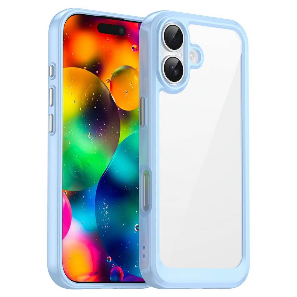 Die iPhone 17 Schutzhülle von Cover-Discount aus Acryl mit erhöhtem Rand ist in Hellblau erhältlich und schützt Ihr Smartphone mit kratzfester, transparenter Rückseite - abgebildet mit buntem, sprudelndem Wallpaper.