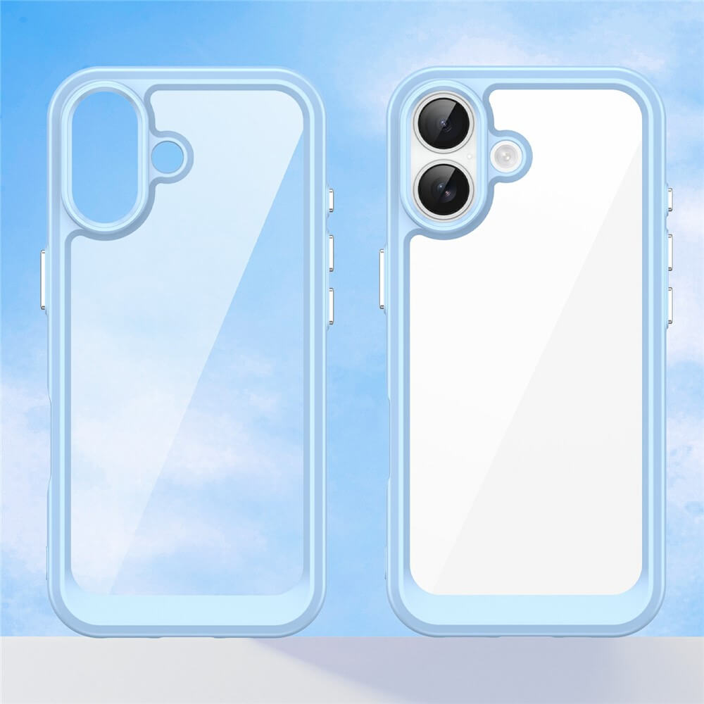 Zwei Cover-Discount iPhone 17 Schutzhüllen aus Acryl mit erhöhtem Rand liegen nebeneinander vor wolkigem Himmel und präsentieren ihr kratzfestes Design.