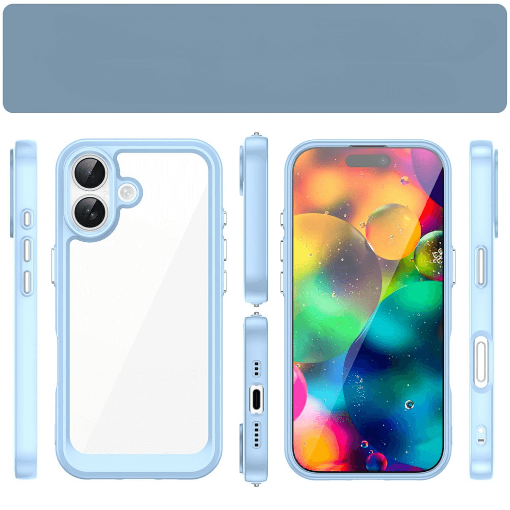 Die iPhone 17 - Schützende Acryl-Handyhülle mit erhöhtem Rand von Cover-Discount in Hellblau und Transparent schützt stilvoll und kratzfest, lässt dabei das Design Ihres Smartphones sichtbar. Mehrere Ansichten am Handy mit farbigem Display gezeigt.