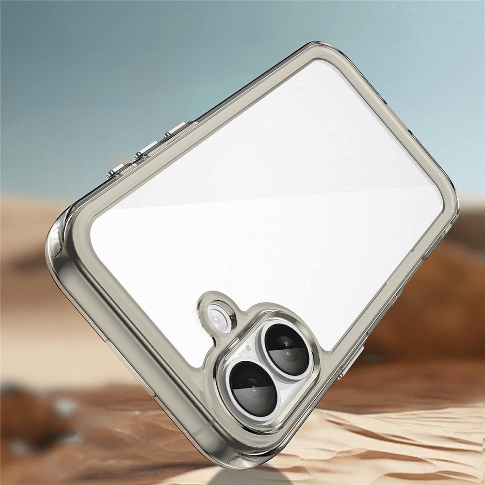 Cover-Discount iPhone 17 Schutzhülle: Klare Acryl-Handyhülle mit erhöhtem Rand und Kameraschutz, vor unscharfem Wüstenhintergrund.