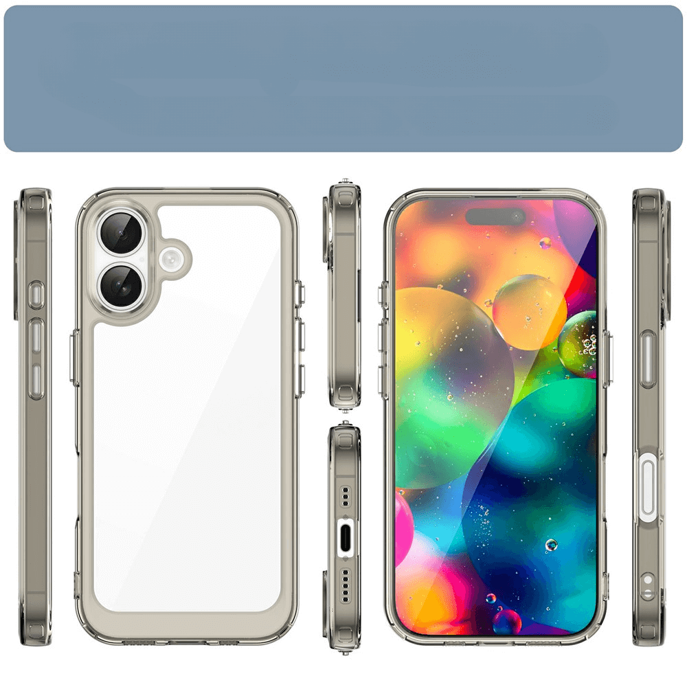 Die iPhone 17 - Schützende Acryl-Handyhülle mit erhöhtem Rand von Cover-Discount wird aus verschiedenen Blickwinkeln gezeigt, das transparente, kratzfeste Cover hebt die Dual-Kamera und das farbenfrohe Display hervor.