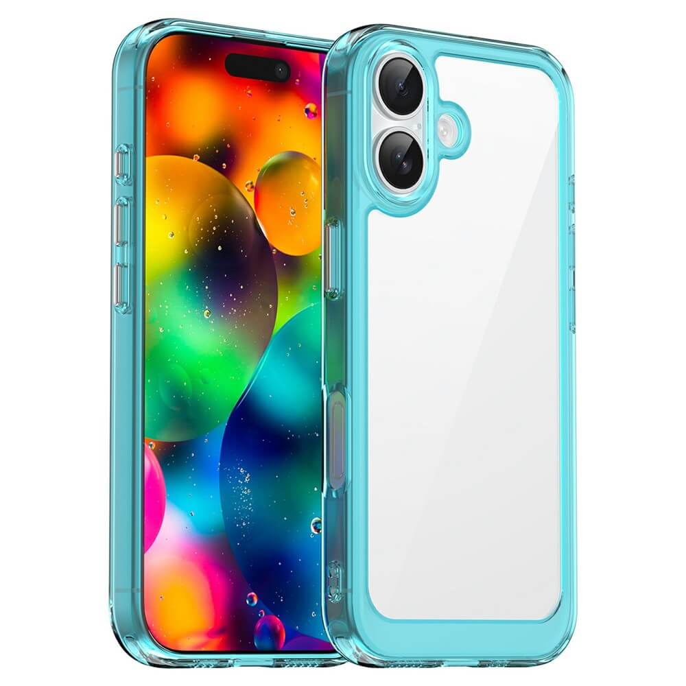 Das iPhone 17, geschützt mit der schützenden Acryl-Handyhülle mit erhöhtem Rand von Cover-Discount, zeigt bunte abstrakte Blasen auf dem Display - das kratzfeste transparente Cover und die klare blaue Hülle betonen das Dual-Kamera-Design.