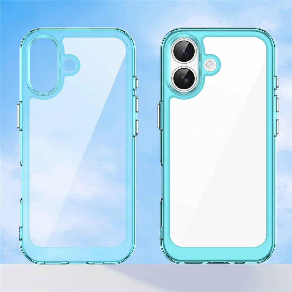 Zwei türkisfarbene Cover-Discount iPhone 17 Schützende Acryl-Handyhülle mit erhöhtem Rand sind vor einem blauen Himmel abgebildet und zeigen sowohl Vorder- als auch Rückansicht als kratzfestes, transparentes Cover.