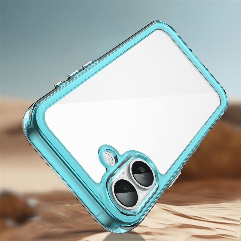 Ein blaues, kratzfestes, transparentes iPhone 17 - Schützende Acryl-Handyhülle mit erhöhtem Rand von Cover-Discount schwebt über einem unscharfen sandigen Hintergrund.