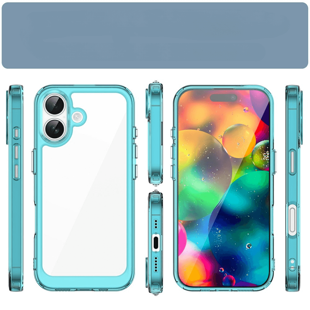 Ein transparentes Cover mit türkisfarbenem Akzent von Cover-Discount, gezeigt am iPhone 17 mit buntem Display, bietet kratzfeste Schutzhülle und erhöhten Rand.