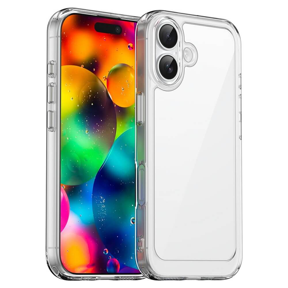 Ein Smartphone mit der Cover-Discount iPhone 17 Schützende Acryl-Handyhülle mit erhöhtem Rand, mit einer transparenten Abdeckung und einem bunten Blasenmuster auf dem Bildschirm.