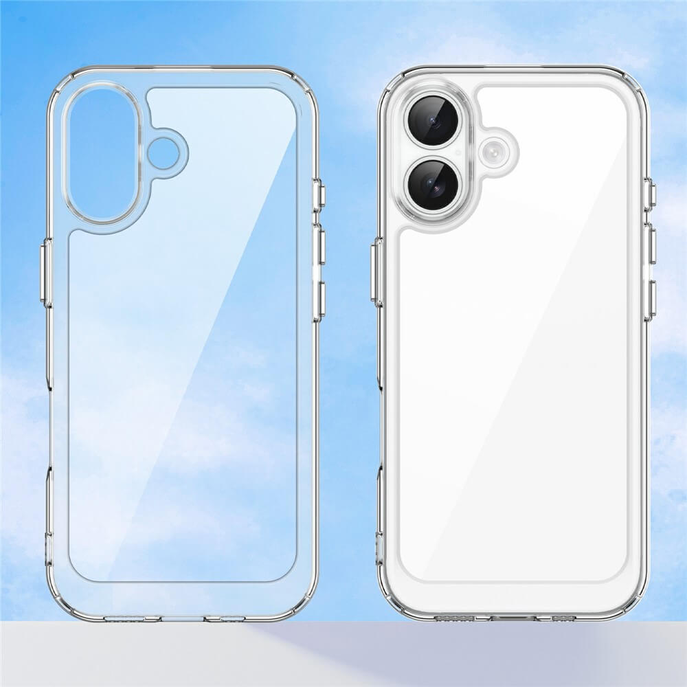 Zwei transparente "Cover-Discount" iPhone 17 Schutzhüllen mit erhöhtem Rand werden nebeneinander vor blauem Himmel präsentiert und zeigen das kratzfeste Acryl-Design.