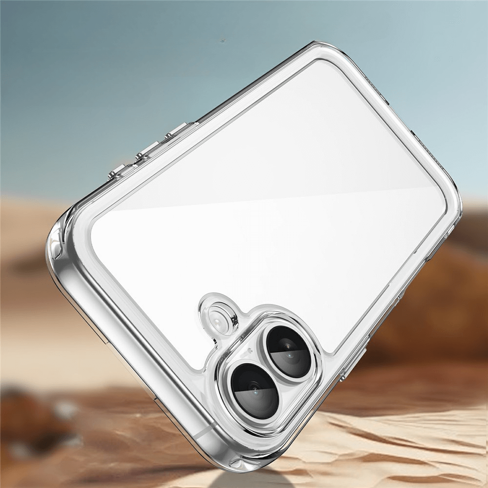 Transparentes Cover-Discount iPhone 17 Acryl-Hülle mit erhöhtem Rand, kratzfest und präzisen Kamera-Ausschnitten, schwebend über verschwommenem Sand im Hintergrund.