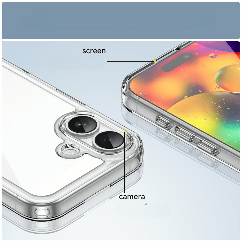 Die Cover-Discount iPhone 17 - Schützende Acryl-Handyhülle mit erhöhtem Rand schützt Ihr Smartphone zuverlässig, bewahrt das schlanke Design und bietet durch das transparente Cover optimalen Schutz für Display und Kamera - Vorder- und Rückansicht sichtbar.