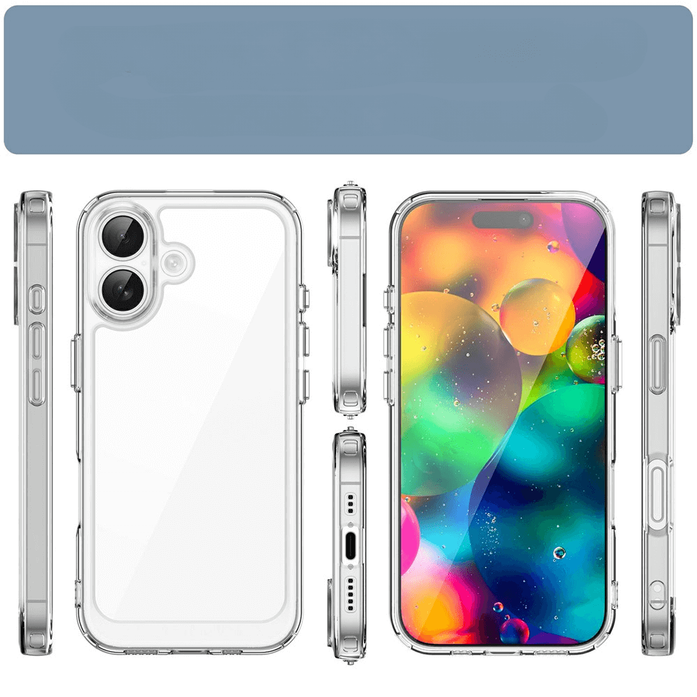 Die iPhone 17 - Schützende Acryl-Handyhülle mit erhöhtem Rand von Cover-Discount wird auf einem Smartphone mit buntem Bildschirm aus verschiedenen Winkeln präsentiert; sie ist kratzfest, transparent und sorgt für dauerhafte Klarheit.