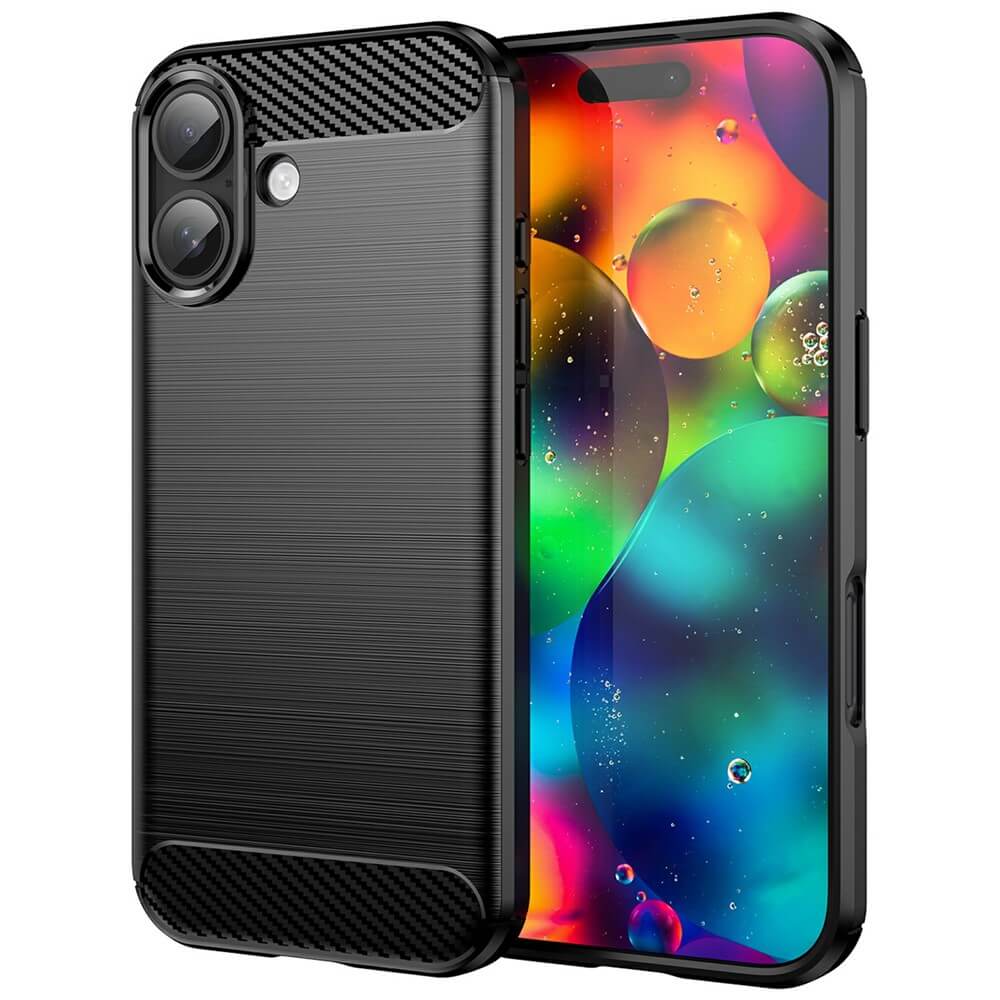 #farbe_schwarz|Die Cover-Discount iPhone 17 - Metall Carbon Look Hülle ist ein stilvolles, gebürstetes schwarzes Gehäuse auf einem leuchtenden Bildschirm Hintergrund gezeigt. Diese Silikon Gummi Hülle bietet sowohl Schutz als auch modernes Design für Ihr iPhone 17.