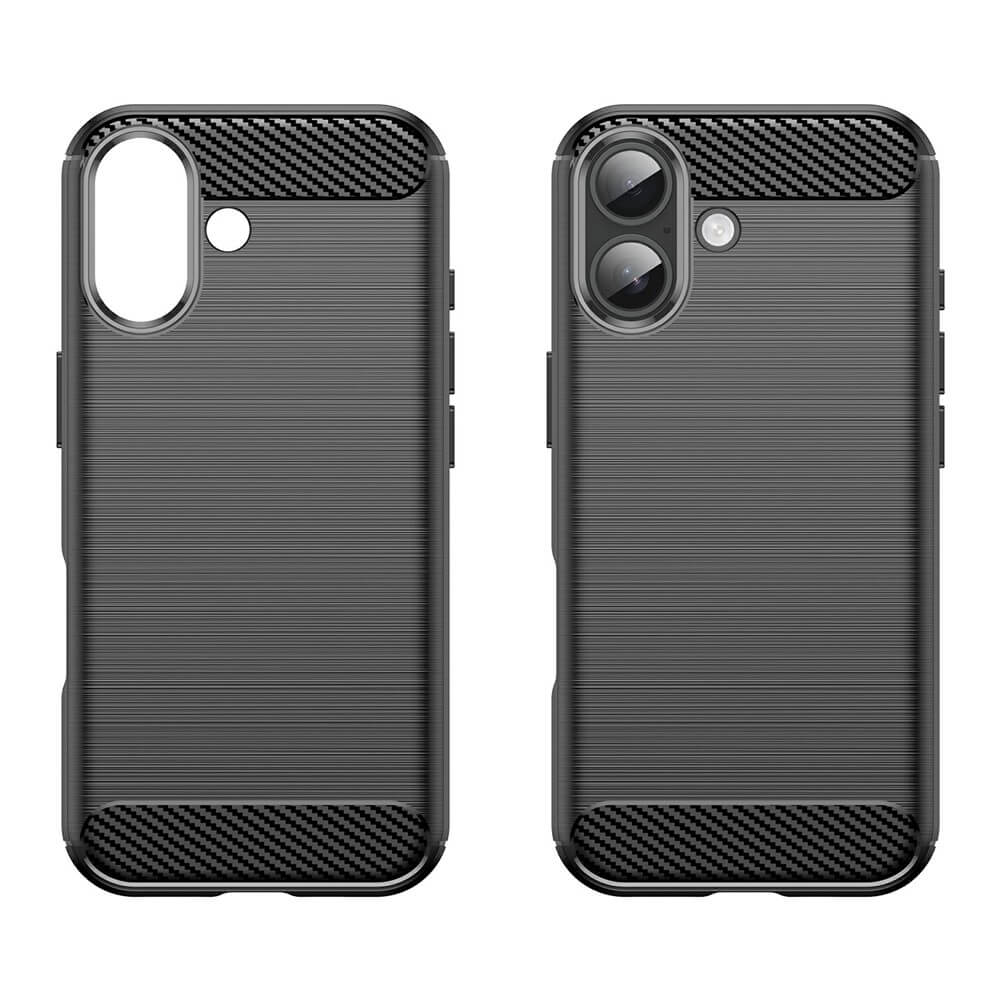 Zwei schwarze Cover-Discount iPhone 17 - Metall Carbon Look Hüllen mit strukturiertem Design und Carbonfaser-Akzenten, mit einzigartigen Kameraausschnitten - ideal als stylische Silikon Gummi Hülle oder iPhone 17 Hülle.
