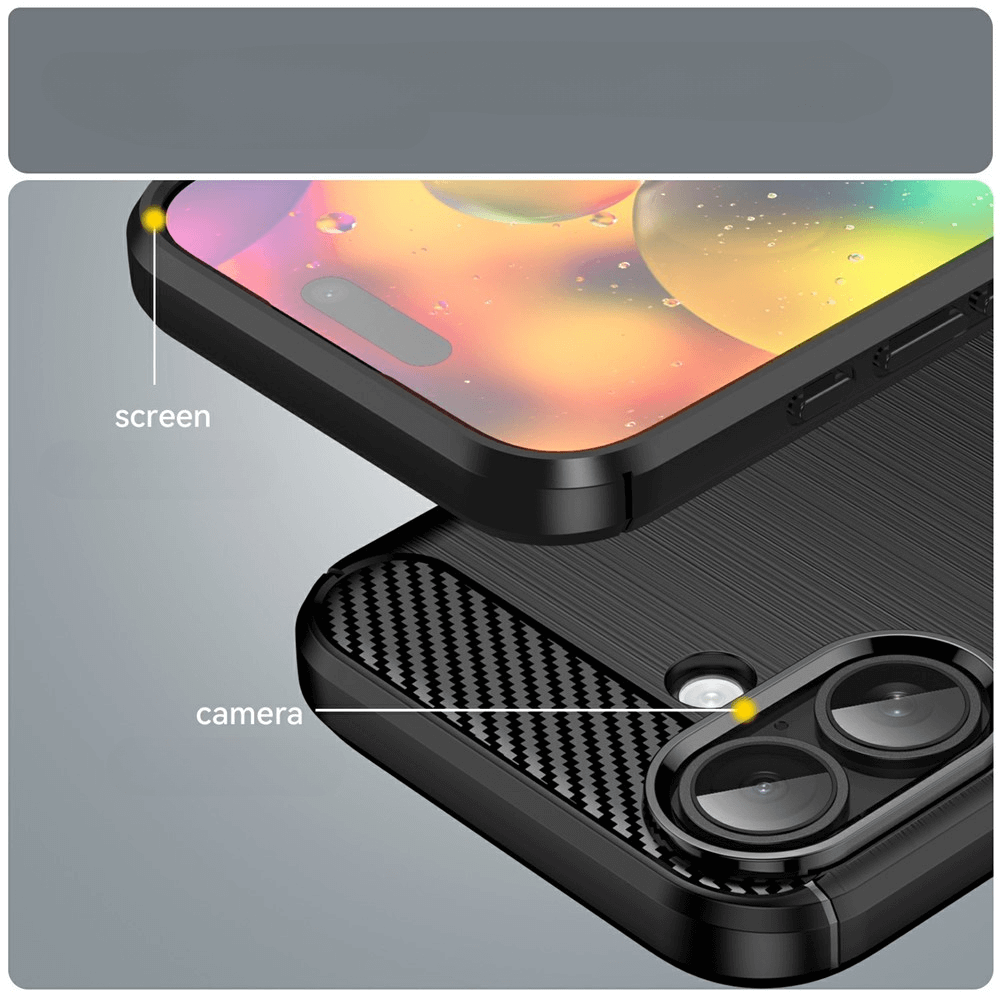 Nahaufnahme der Cover-Discount iPhone 17 - Metall Carbon Look Hülle, mit beschrifteten Linien, die den erweiterten Bildschirm- und Kameraschutz hervorheben.