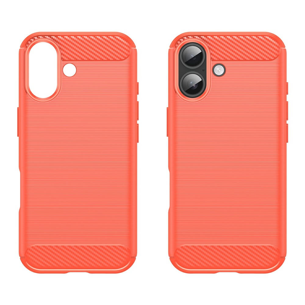 Zwei orangefarbene Cover-Discount iPhone 17 - Metall Carbon Look Hülle mit strukturierten Akzenten und einzigartigen Kameraausschnitten, mit einem eleganten Carbon-Style Finish für zusätzlichen Stil.
