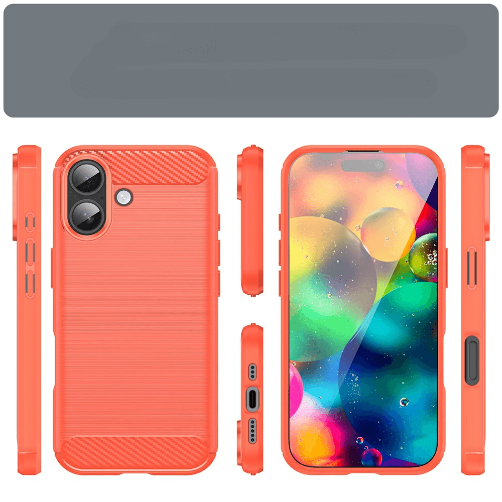 Die Cover-Discount iPhone 17 - Metall Carbon Look Hülle zeigt sich aus mehreren Blickwinkeln auf einem Smartphone mit leuchtendem Display - eine ideale, stilvolle Hülle für Ihr iPhone 17.