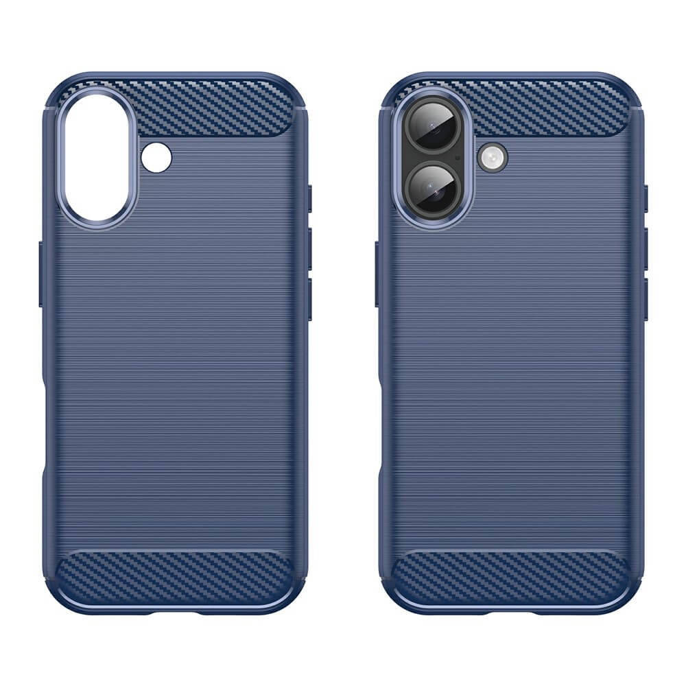 Zwei blaue Cover-Discount iPhone 17 - Metall Carbon Look Hülle mit strukturiertem Ober- und Unterteil und präzisen Kameraausschnitten werden von hinten gezeigt.