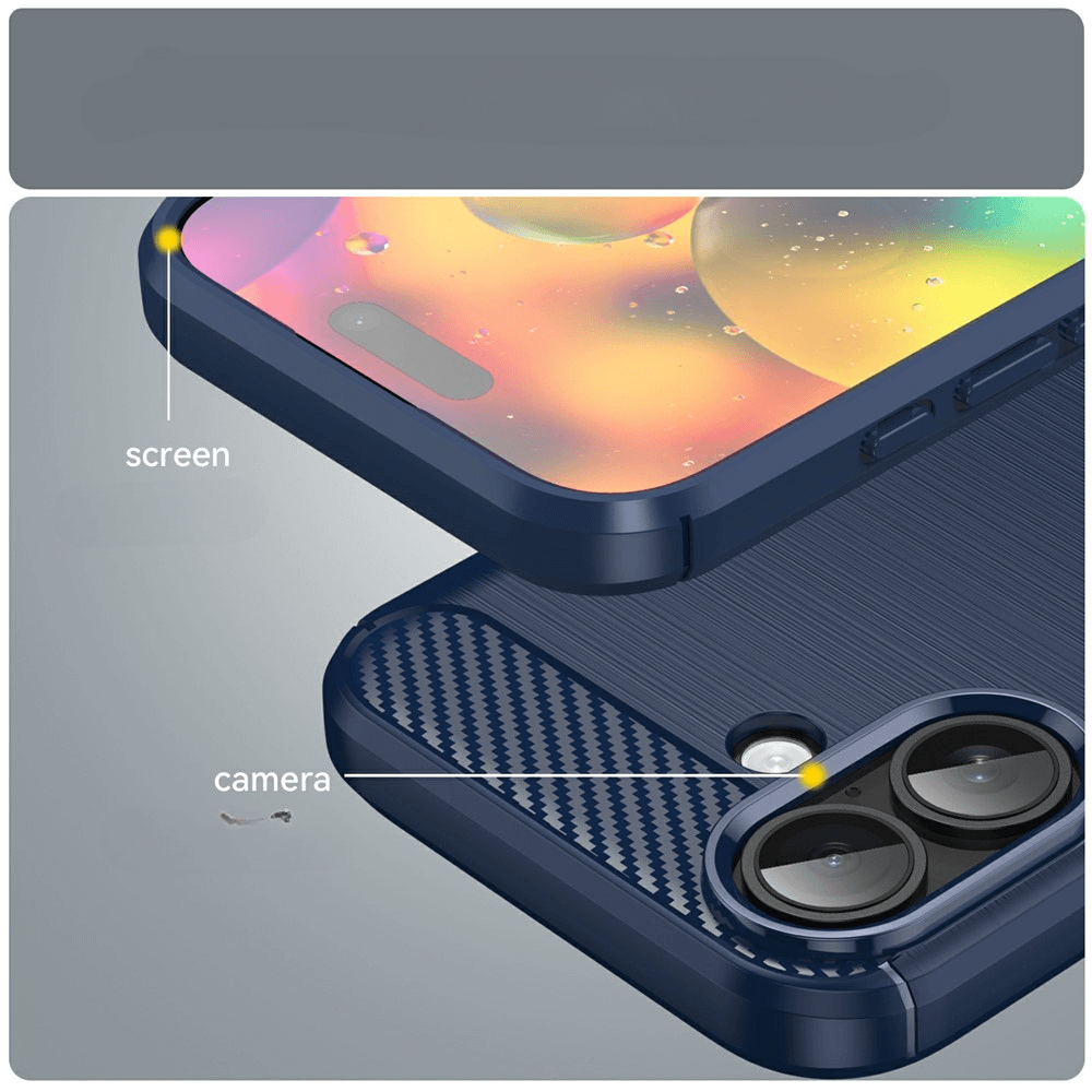 Nahaufnahme der Cover-Discount iPhone 17 - Metall Carbon Look Hülle, mit Fokus auf den Bildschirm- und Kameraschutz mit beschriftetem Text.