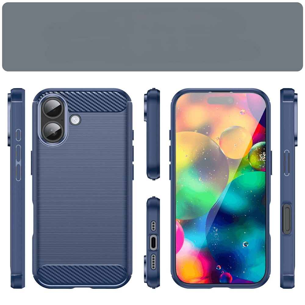 Die Cover-Discount iPhone 17 - Metall Carbon Look Hülle wird aus verschiedenen Blickwinkeln dargestellt, wobei der Bildschirm des Smartphones in der Mitte leuchtet.