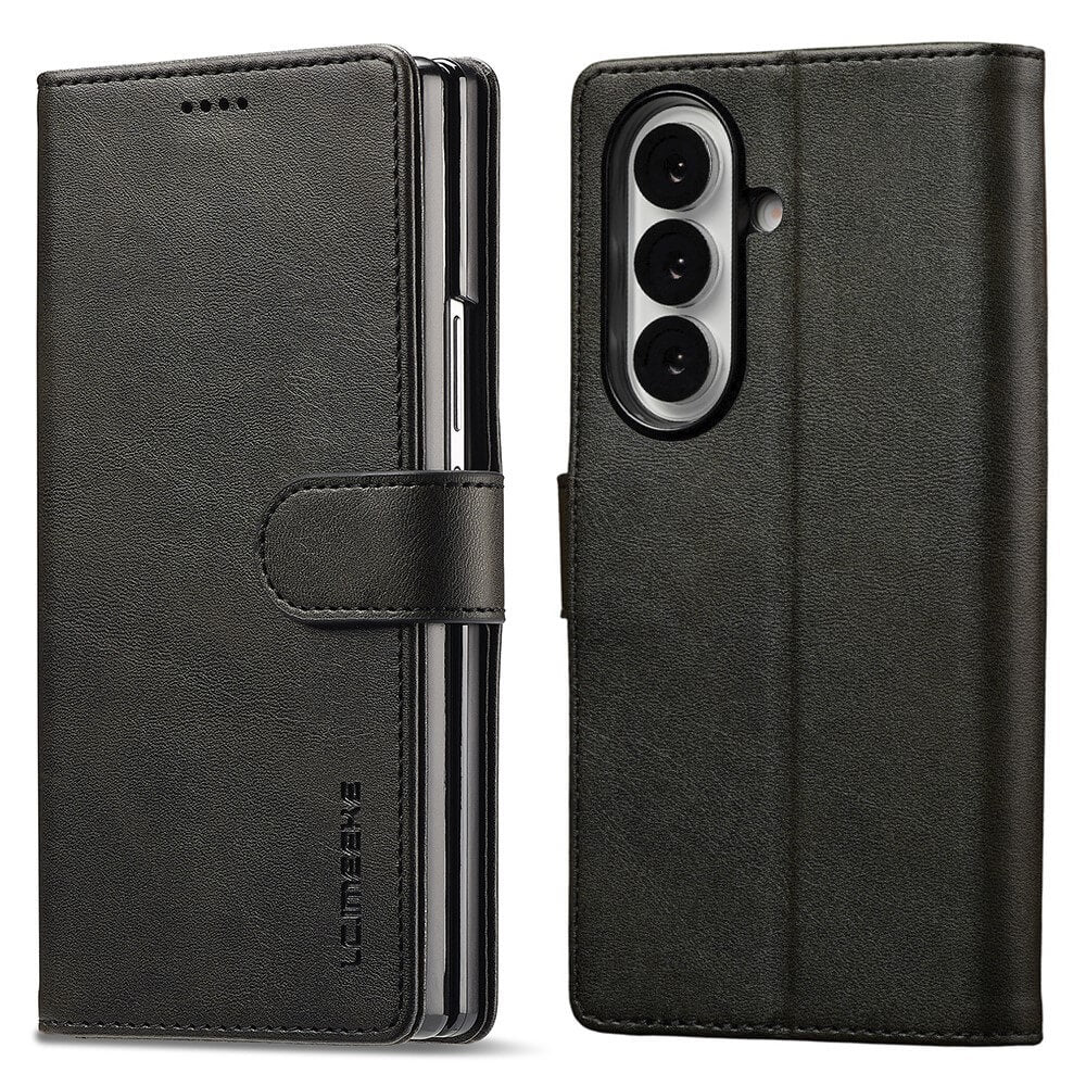 #farbe_schwarz|Die LC.IMEEKE Galaxy Z Fold7 Leder Etui Hülle ist ein schwarzes Leder-Folio-Etui von LC.IMEEKE, das von der Vorder- und Rückseite geschlossen gezeigt wird und stilvolles Design und Schutz für Ihr faltbares Smartphone vereint.